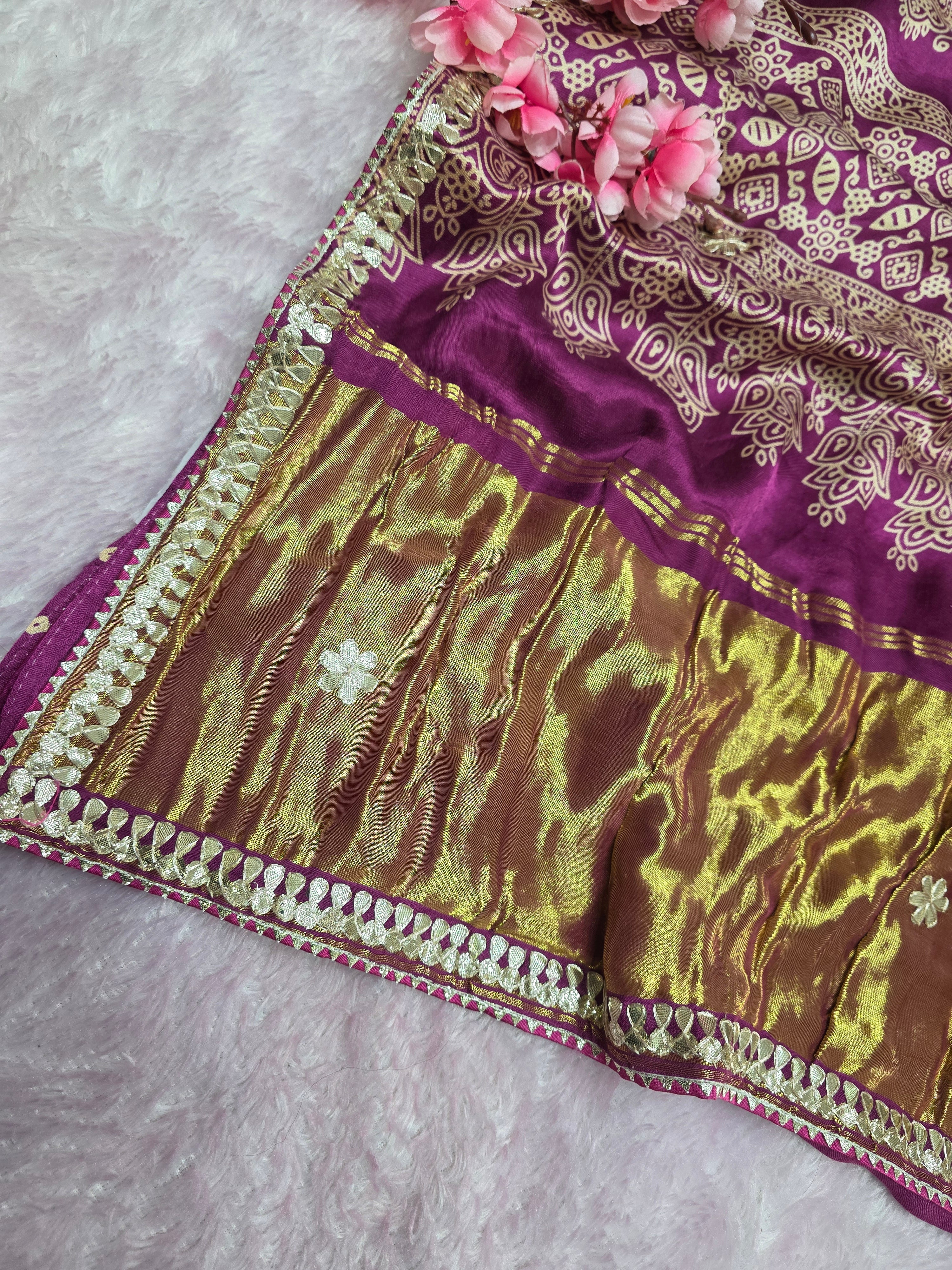 966004 Traditional Semi Gajji Silk Ajrakh and Patola Print Saree with Hand Gota Patti Work - Wine