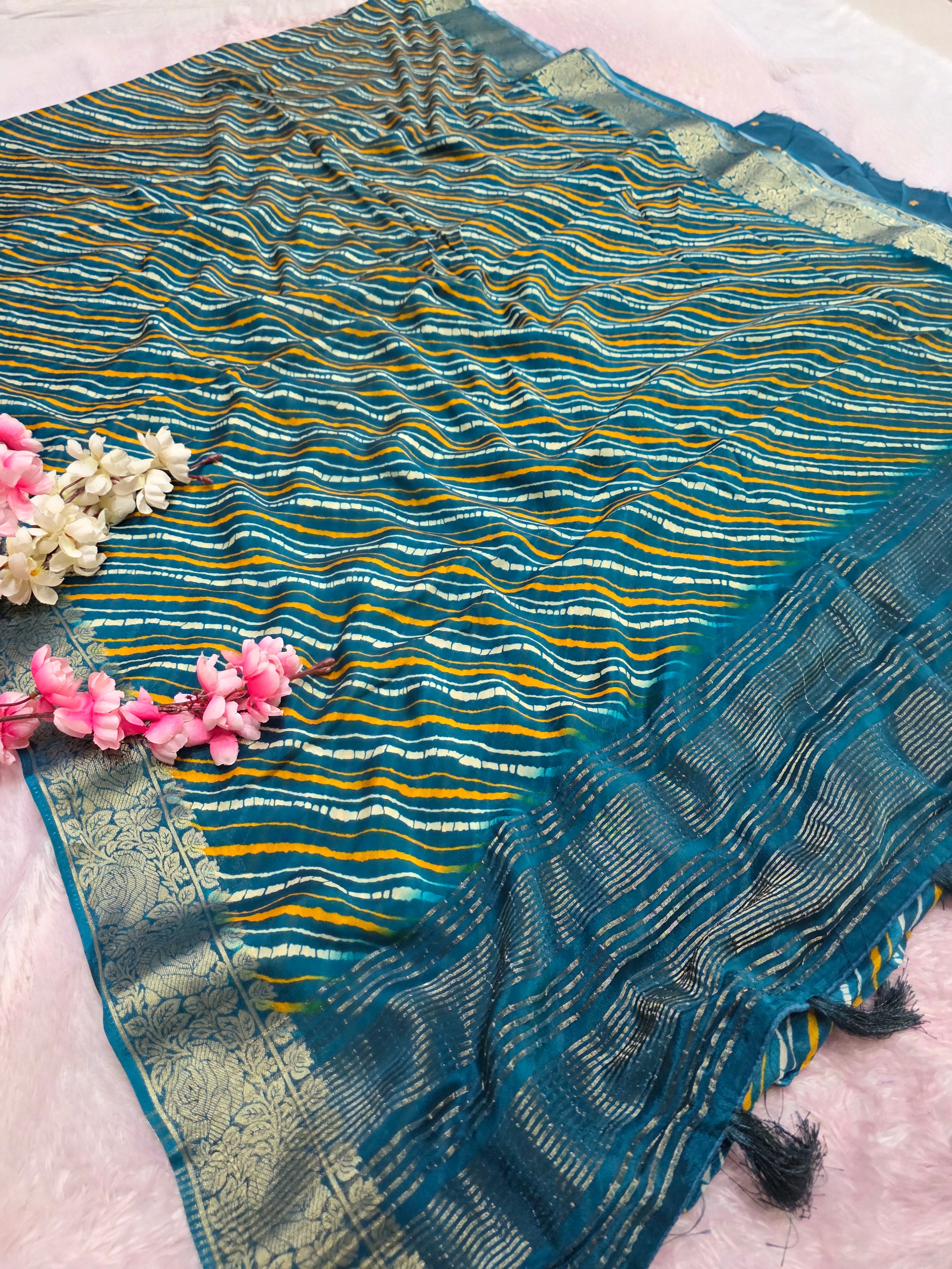 CA0698 PURE CHINON LAHRIYA SAREE Teal Green