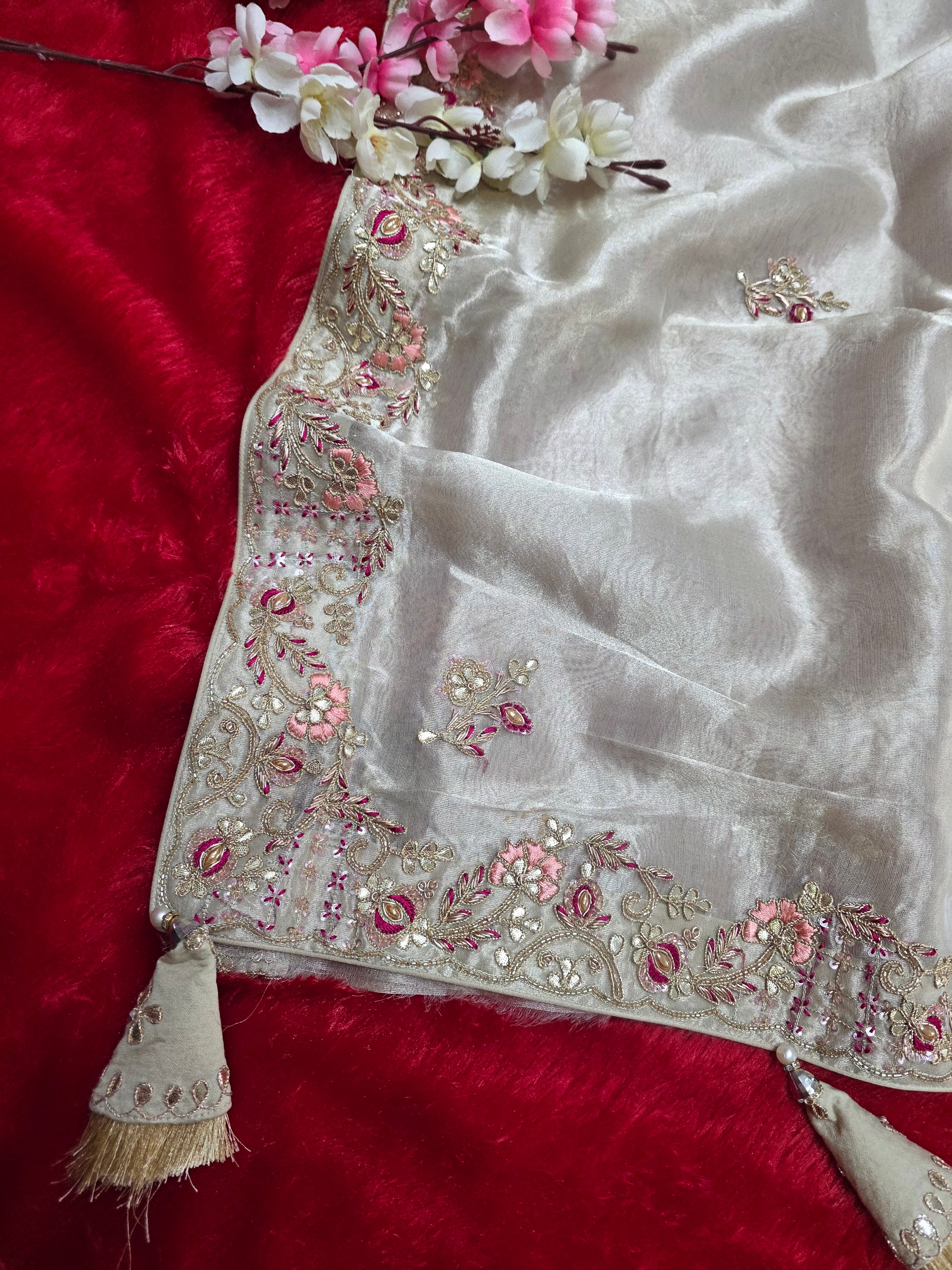 11783 Premium Beige Pure Tissue Silk Saree with Zardosi Handwork & Designer Blouse