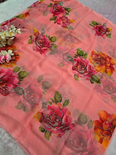 991004 Lightweight Elegant Semi Chiffon Flower Print Saree with Zari Print - Pink