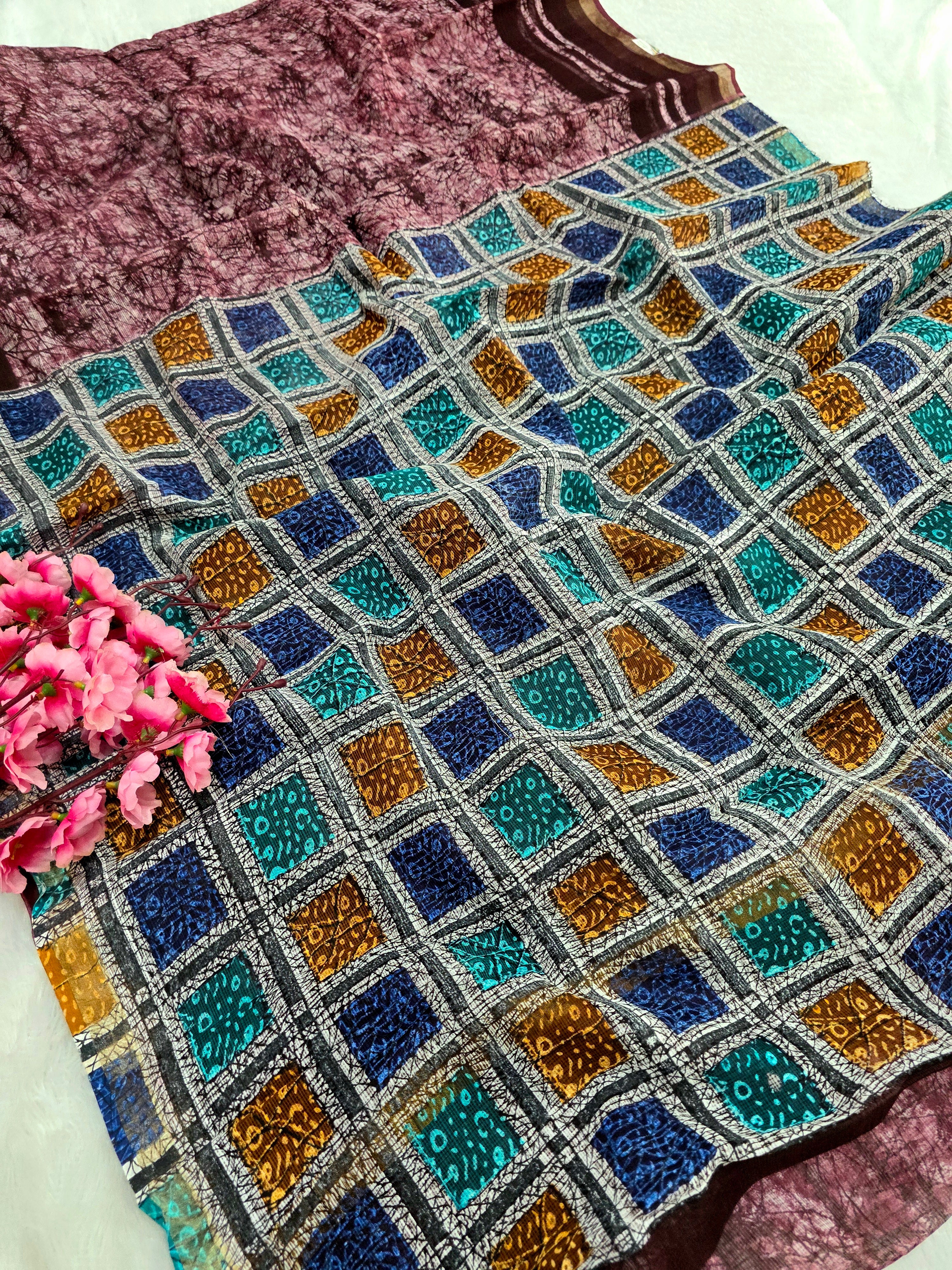 595002 शुद्ध कोटा डोरिया हैंडब्लॉक्ड प्रिंटेड साड़ी 