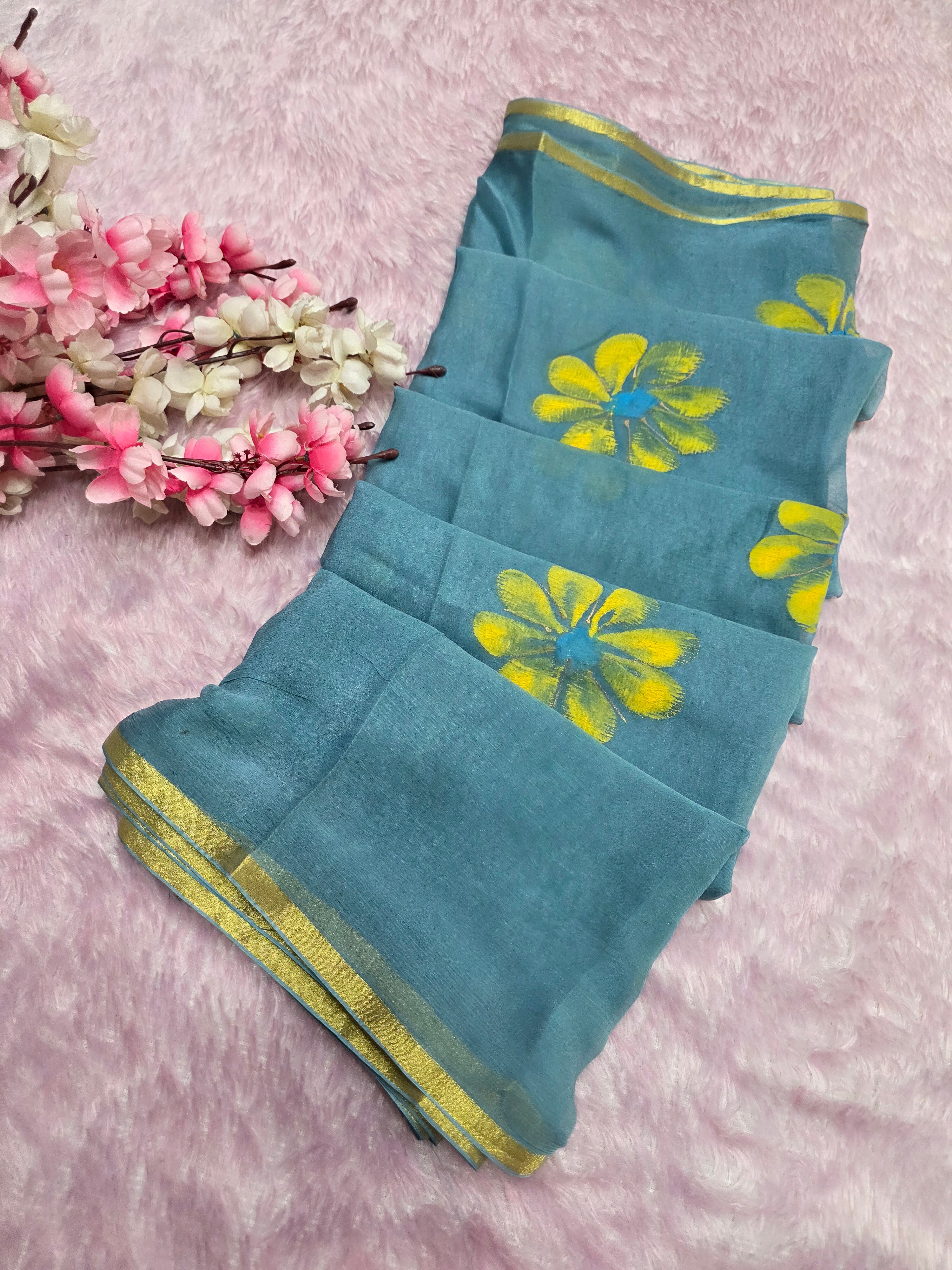 CA1446 Pure Rajasthani Diamond Chiffon Saree with Hand Print teal flower saree