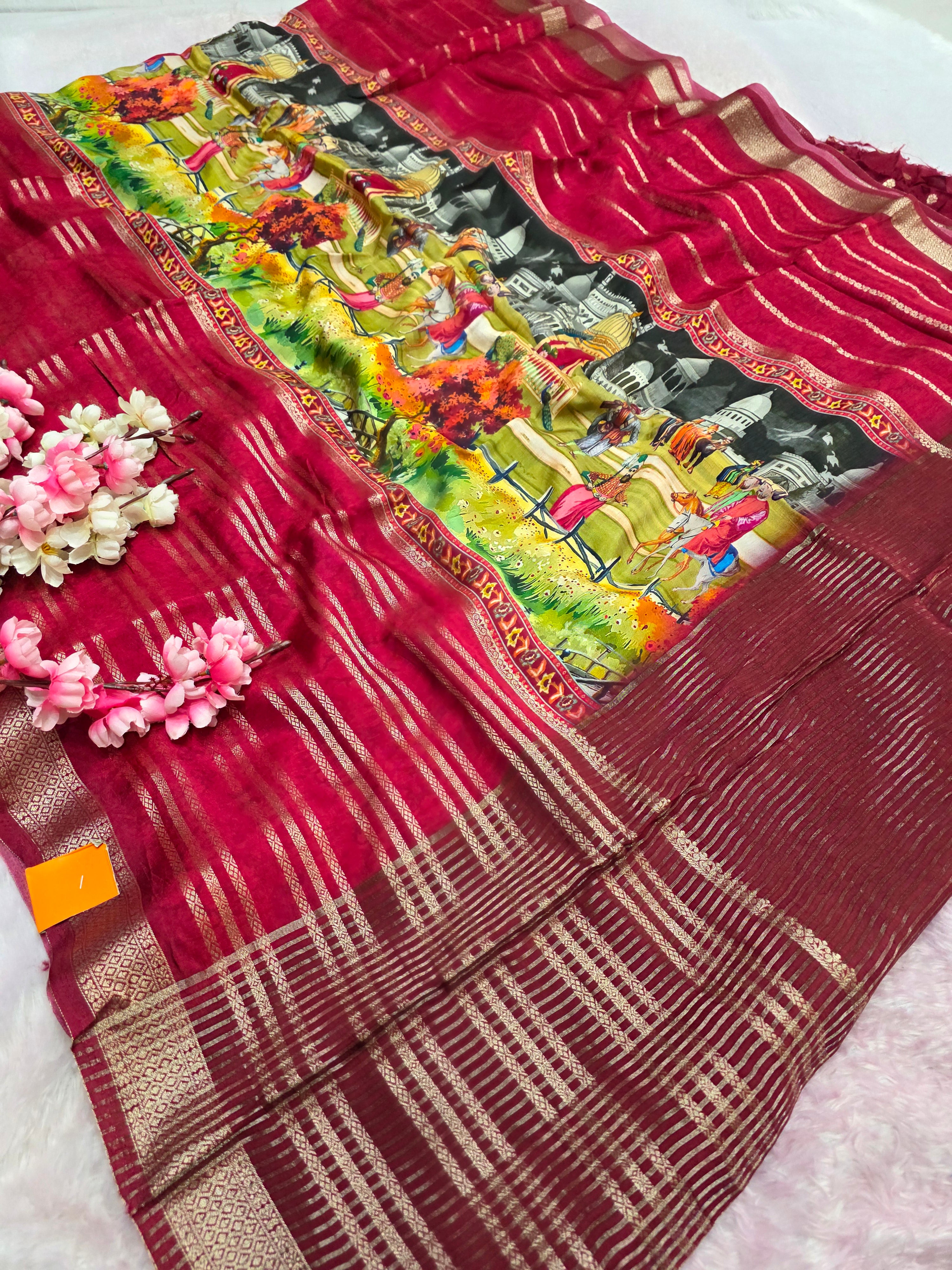 शुद्ध टसर सिल्क हाथ से बनी लेहरिया साड़ी प्रीमियम गोटापट्टी वर्क के साथ - 8837