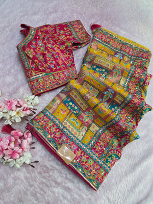 1070 Royal Kashmiri Pashmina Saree with Designer Stitched Blouse - Mustered