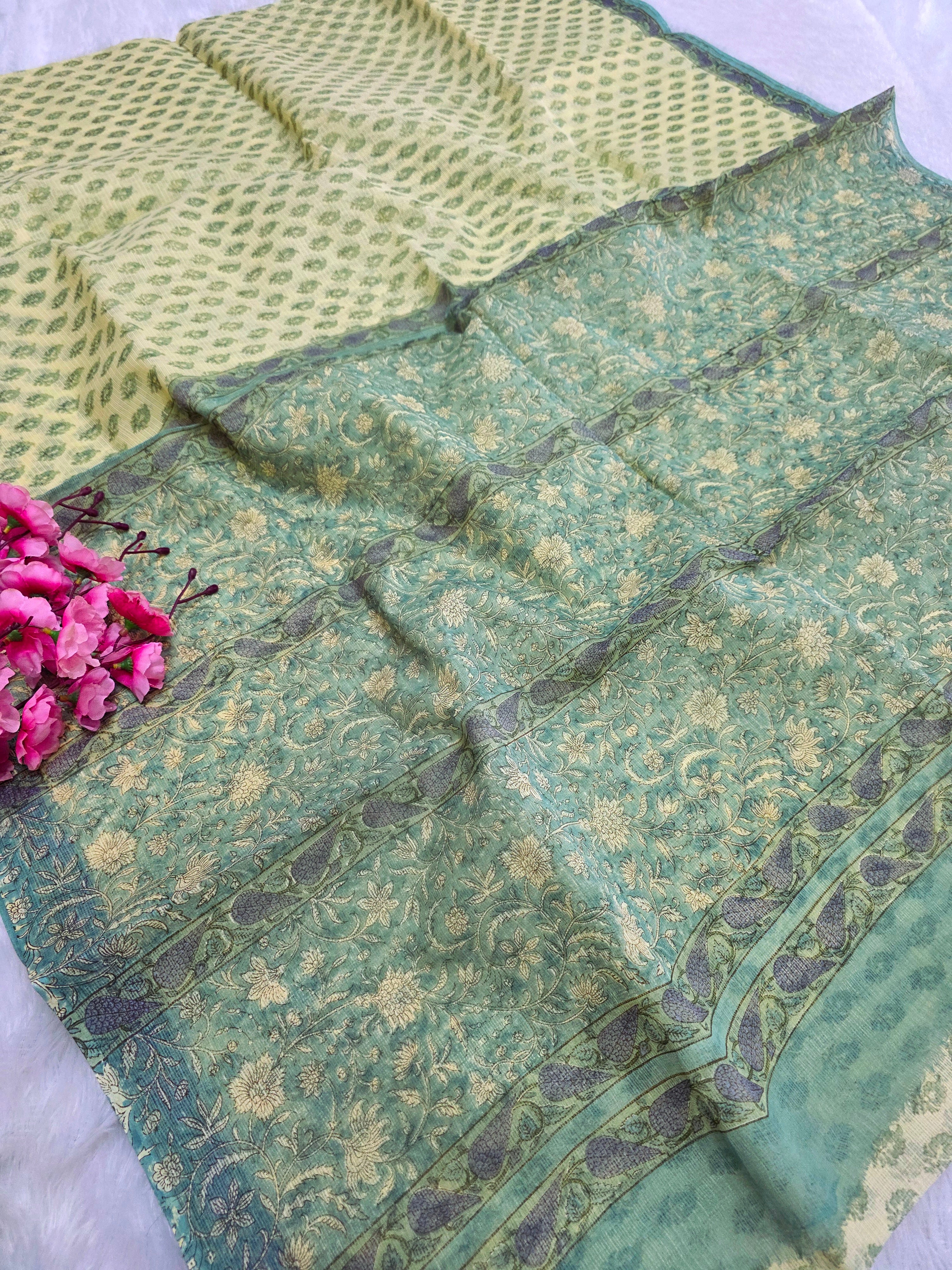 595002 शुद्ध कोटा डोरिया हैंडब्लॉक्ड प्रिंटेड साड़ी 