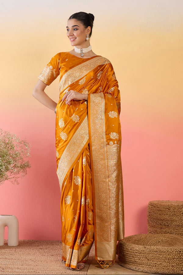 912002 Flower Butta Banarasi Satin Silk Saree - Orange