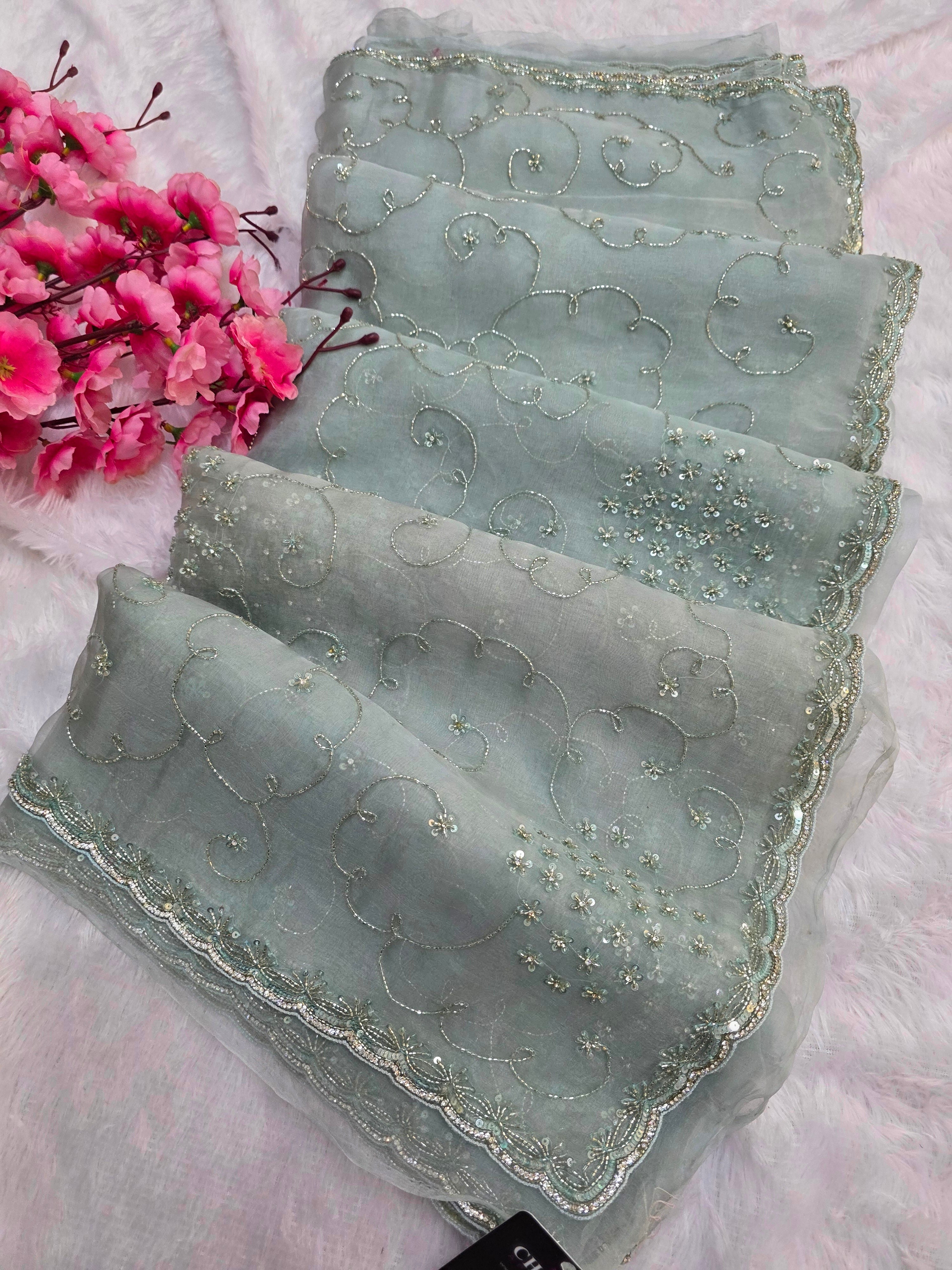 9034 Exclusive Wedding Wear Light Gray Color Designer Organza Saree With Handwork