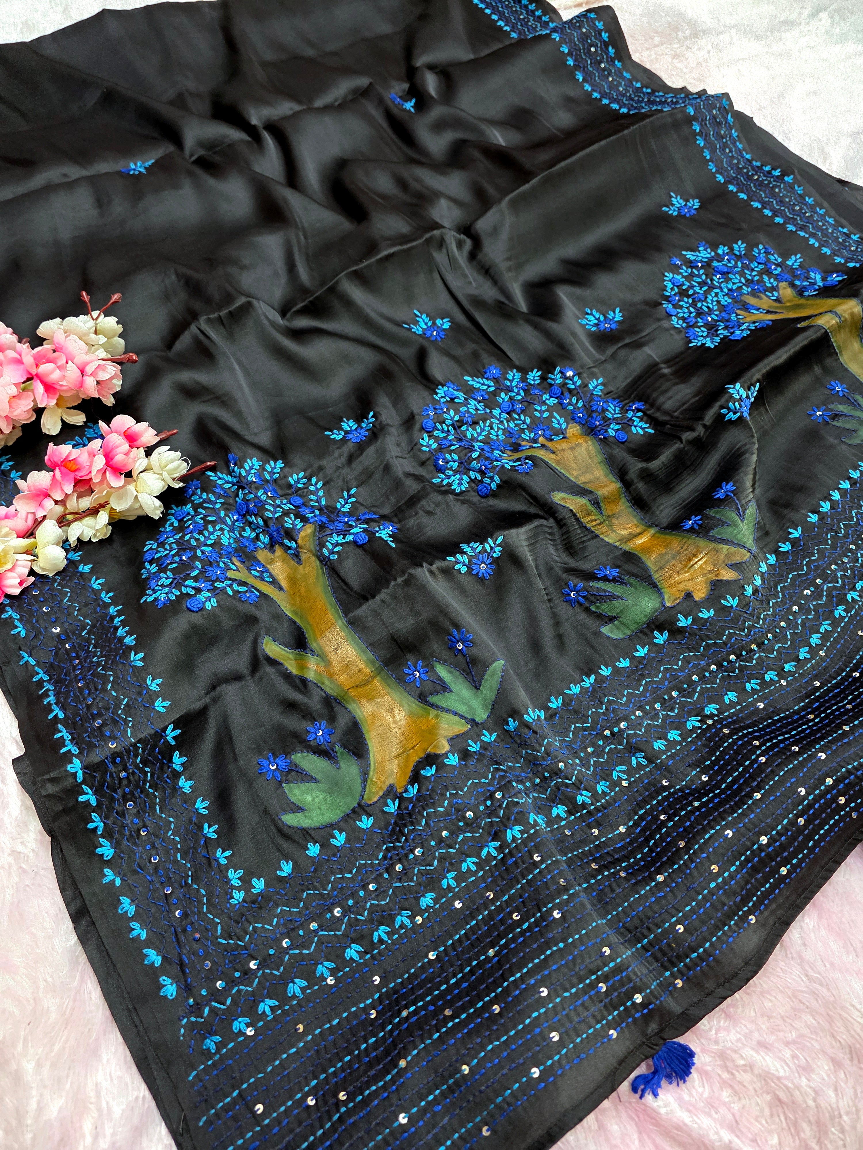 2024 Hand Painted Pure Satin Silk Hand Made Premium Suta Embroidery Premium Saree