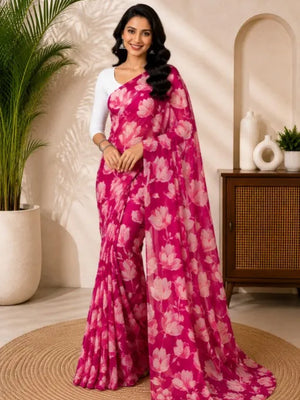 CA1031 Lightweight Elegant Semi Chiffon Flower Print Saree - Rani
