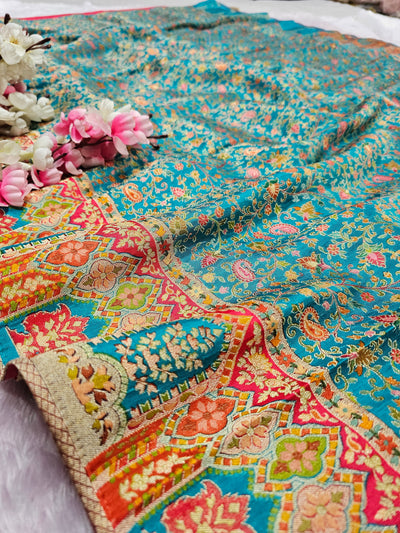 989003 Exclusive Pashmina Kashmiri Work Pure Viscos Silk Firozi Blue Saree