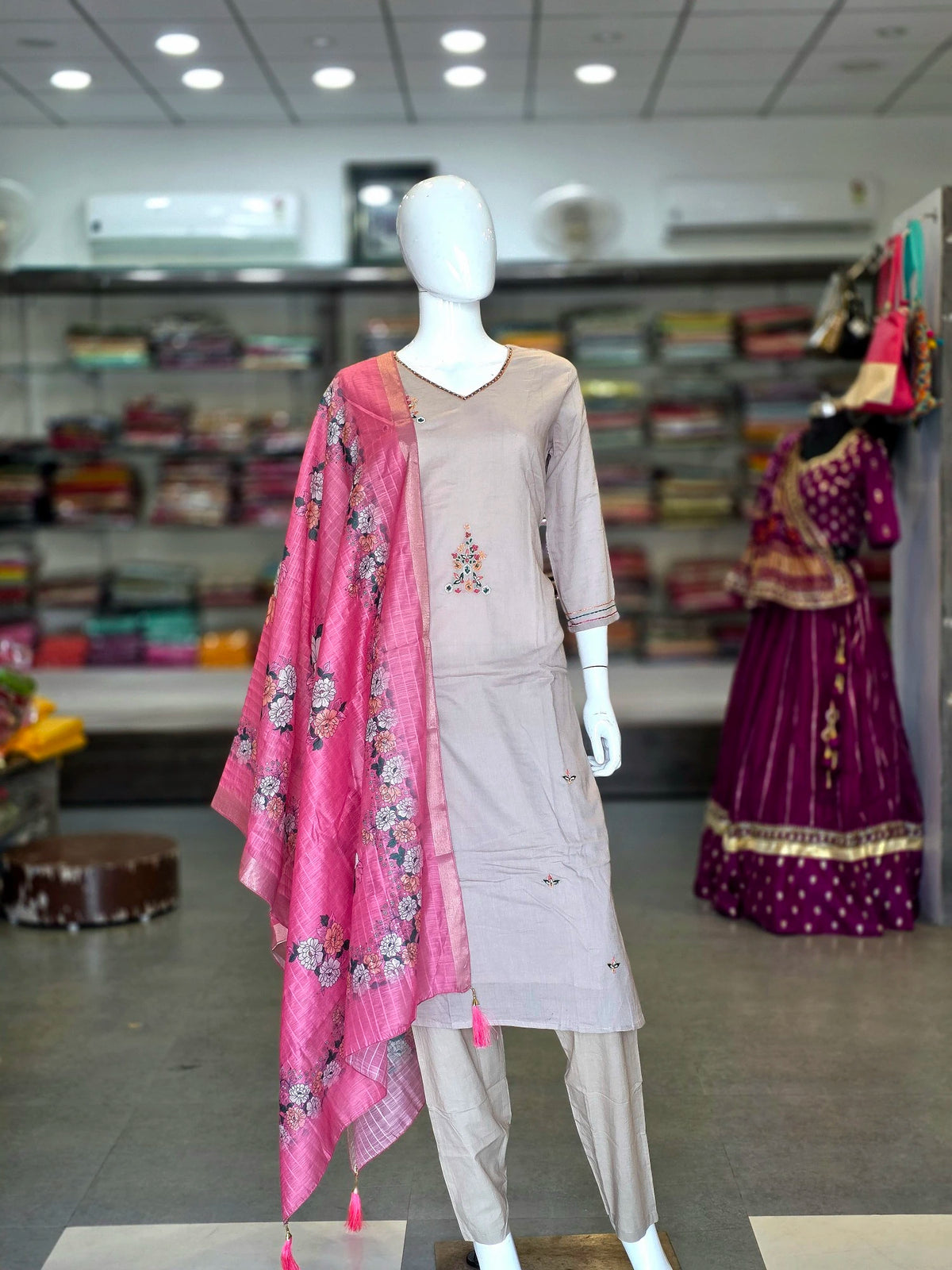 2399 Pure Mal Cotton Straight Embroidery Cotton Kurti Set With Pant and Dupatta - Beige