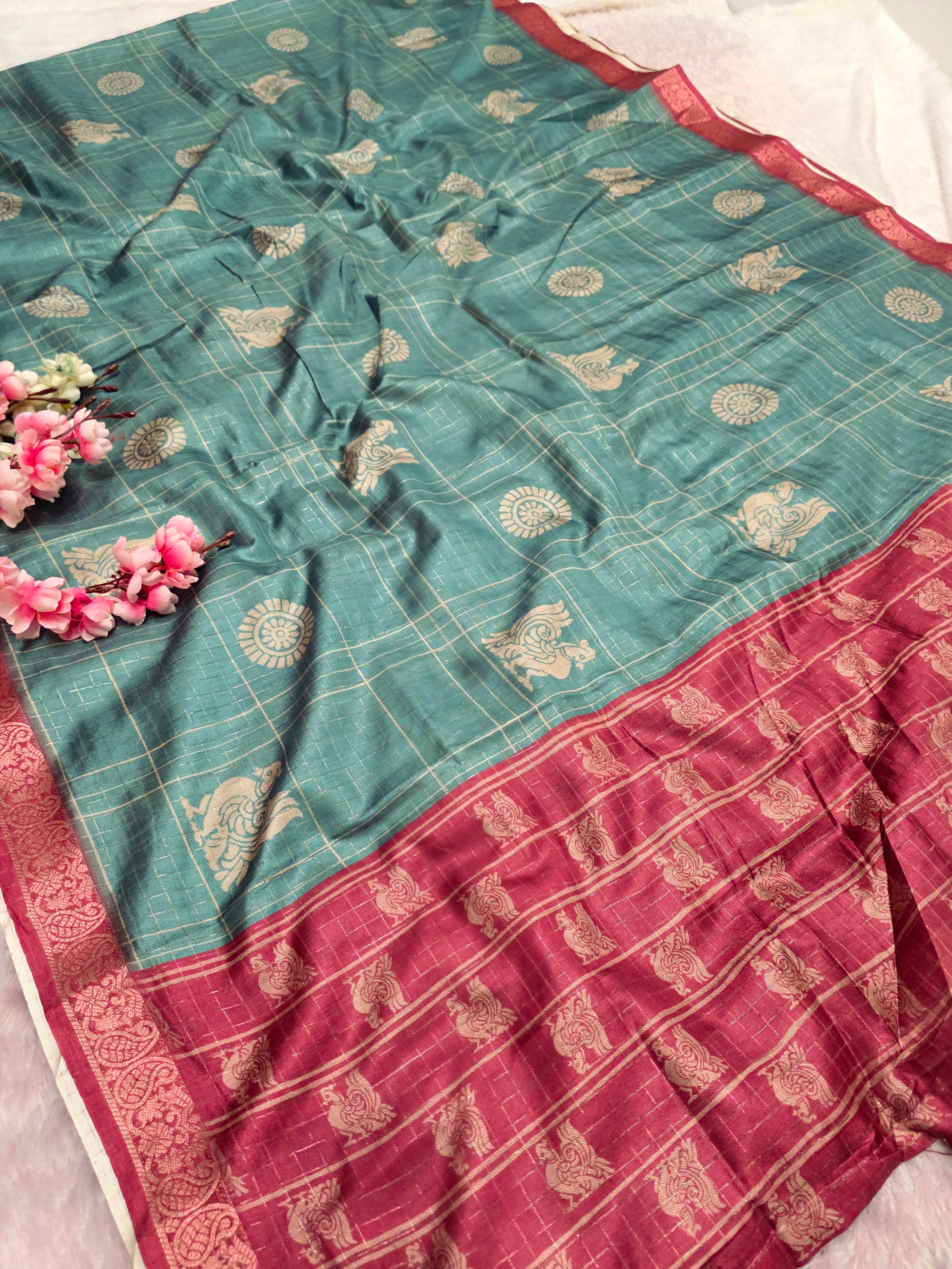 102405 Exclusive Soft Viscose Silk Printed Saree with Zari Weaving Checks - Teal