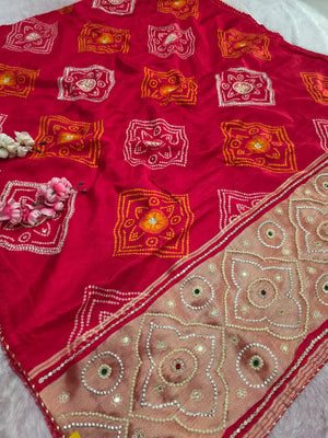 7300 Pure Upada Silk Bandhani Saree with Handwork - Red