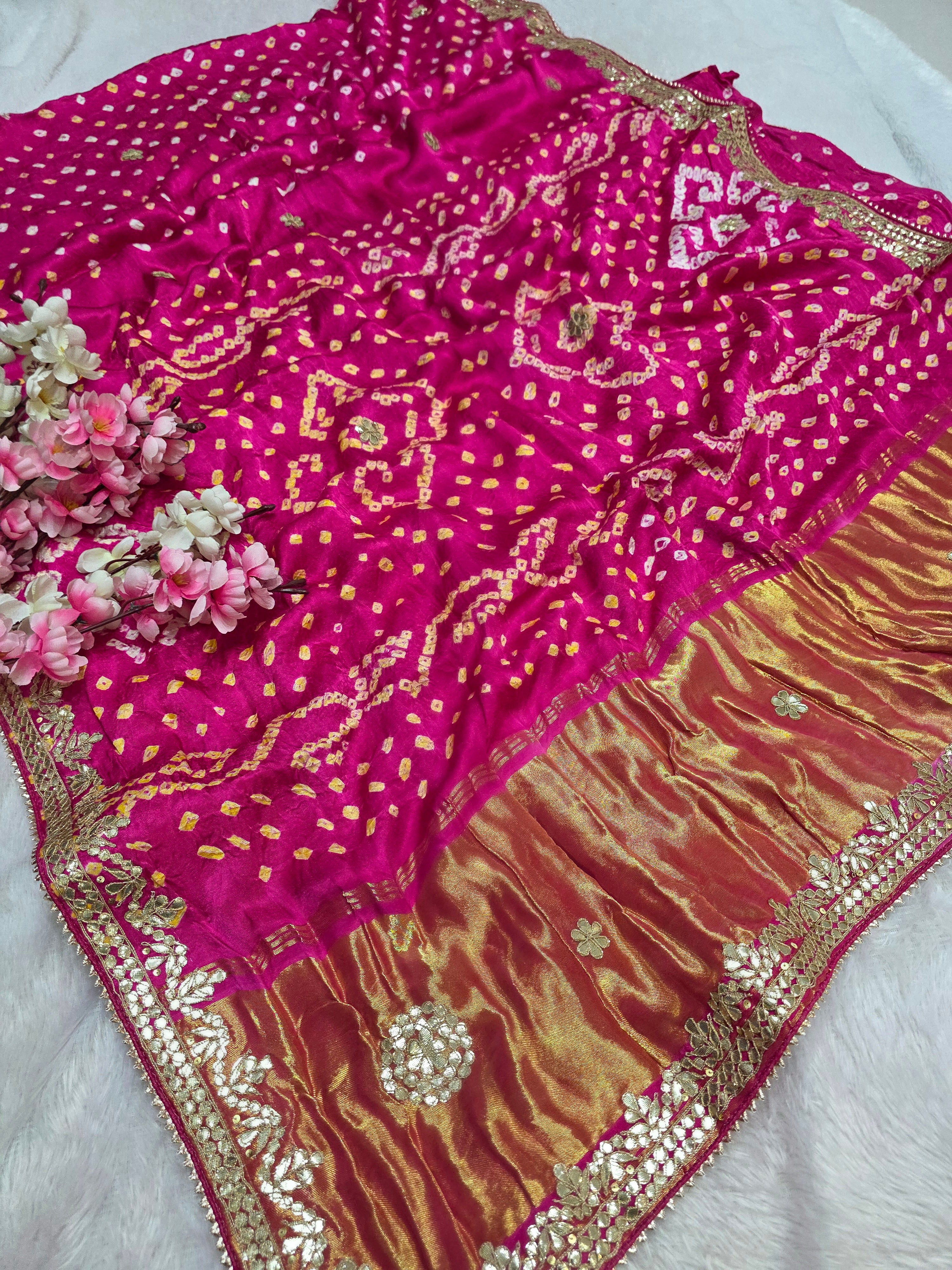 817002 Exclusive Modal Silk Bandhani Saree With Gota Patti Hand Work - Rani 12196