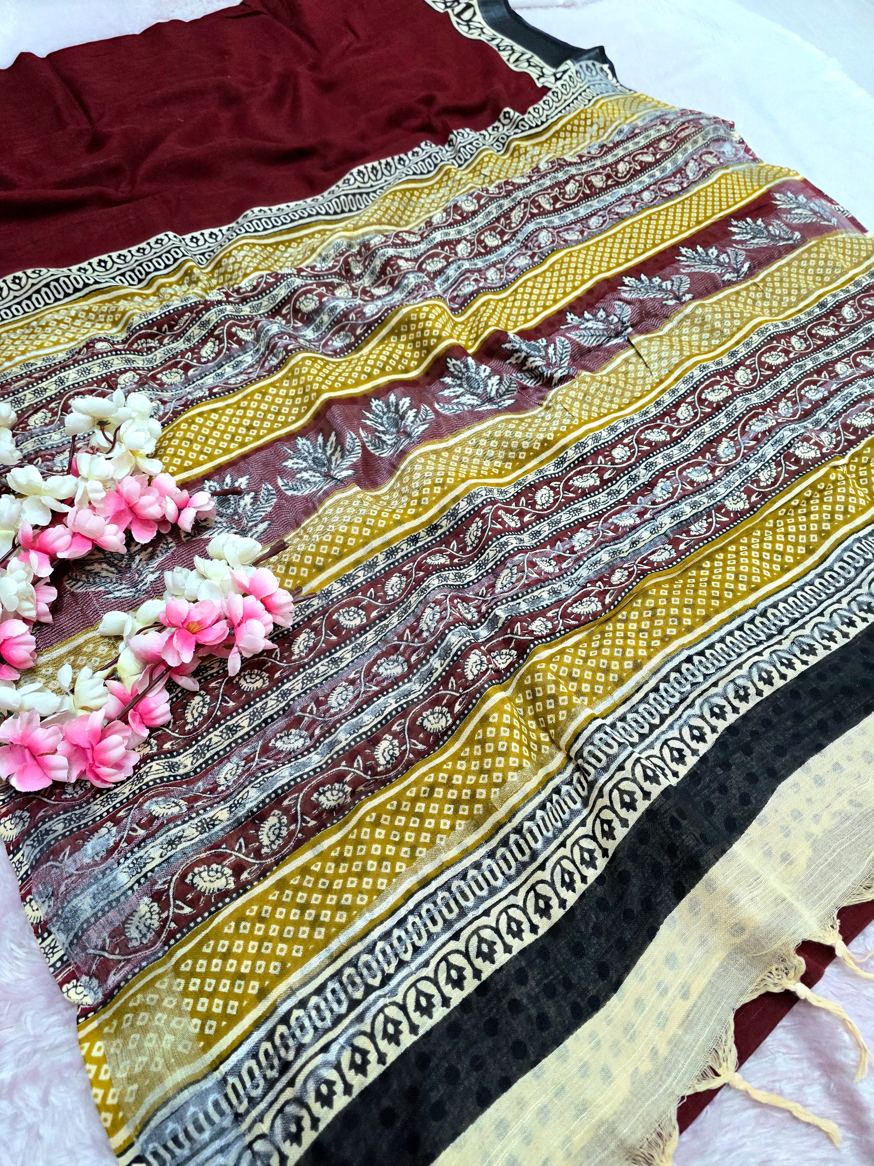 100503 Pure Rajasthani Natural Cotton Linen Hand Printed Saree