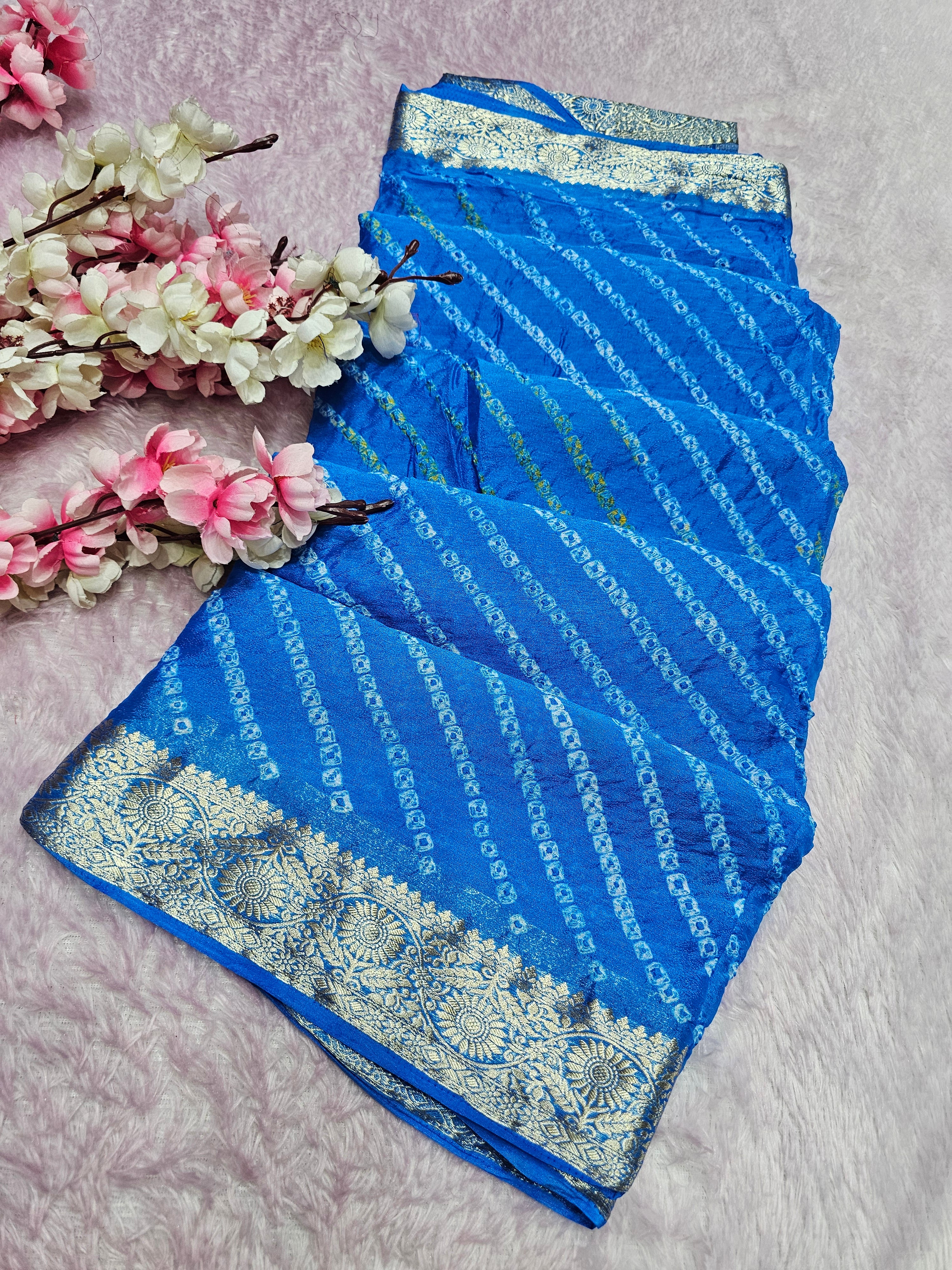 12529 Traditional Hand Bandhani Chinon Silk Soft Saree - Blue