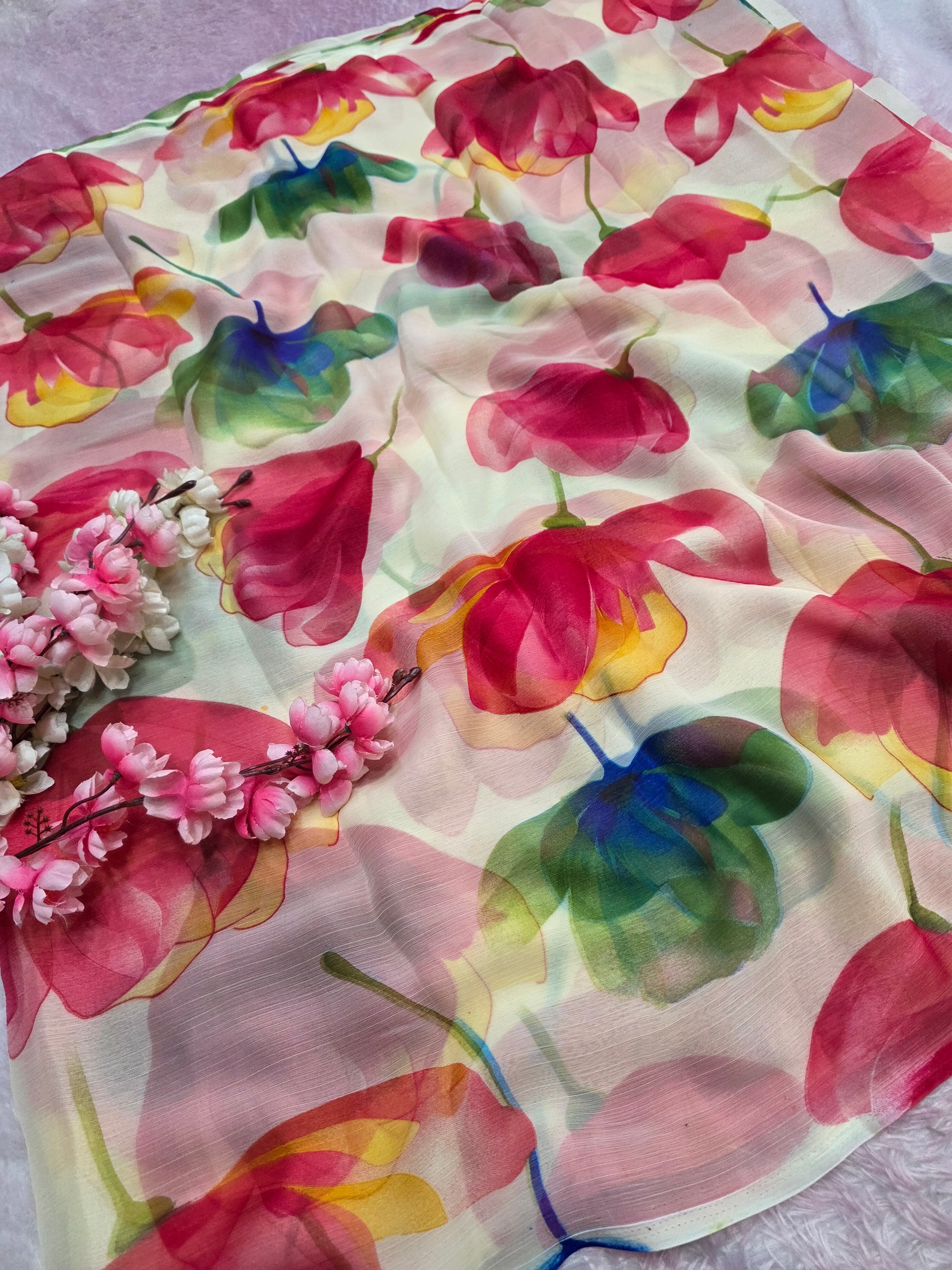 103905 Lightweight Elegant Semi Chiffon Flower Print Saree - Rani