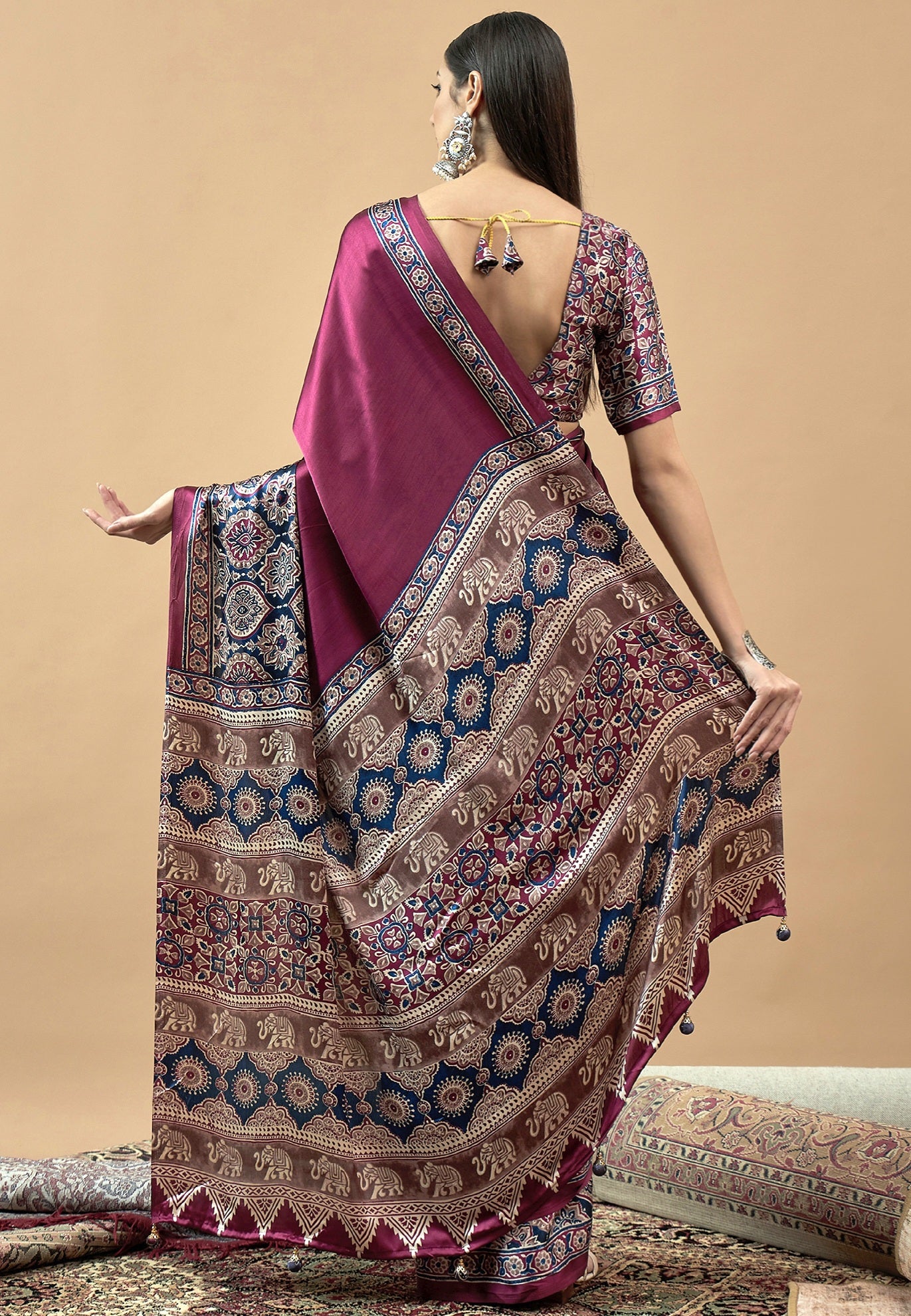 727001 Trending Ajrakh Print Semi Modal Silk Saree - Wine