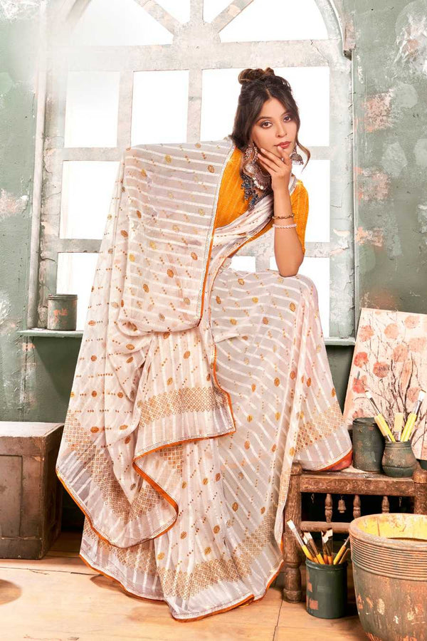 942001 Very Elegant Chiffon Crepe Silk Print Saree with Swarovski on Border - Yellow