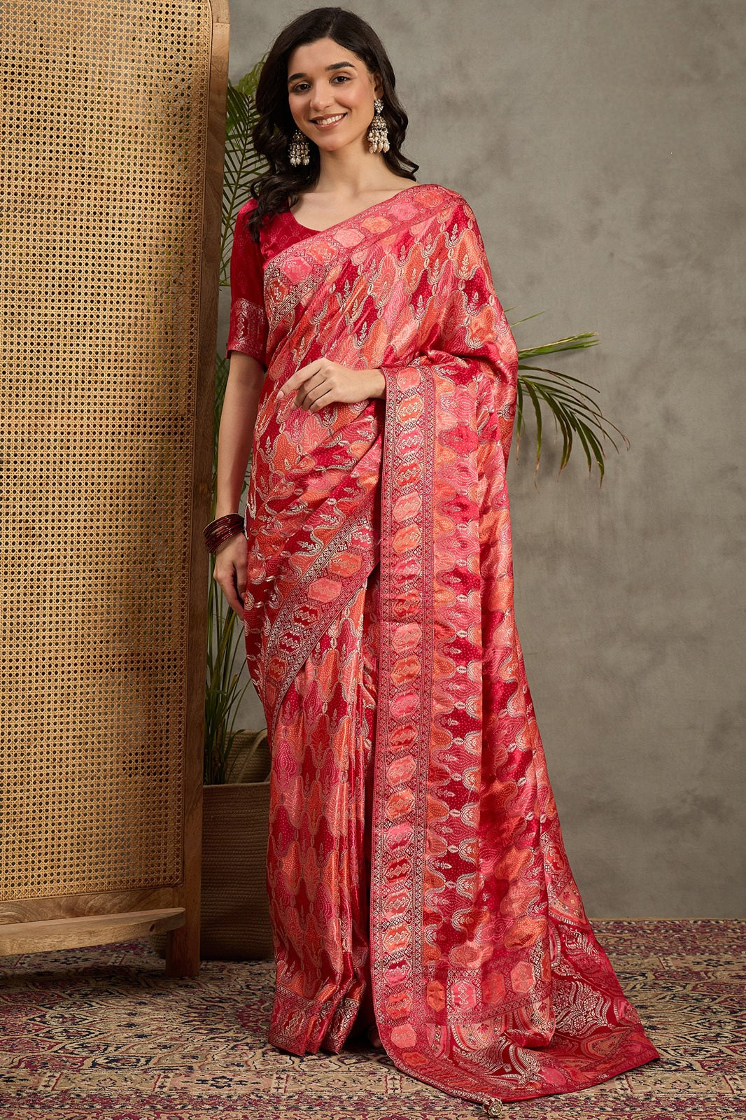 938001 Royal Kashmiri Pashmina Gajji Silk Red Saree with Heavy Blouse