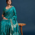 2422 Soft Semi Dola Silk Bandhani Print Saree with Banarasi Border - Teal Blue