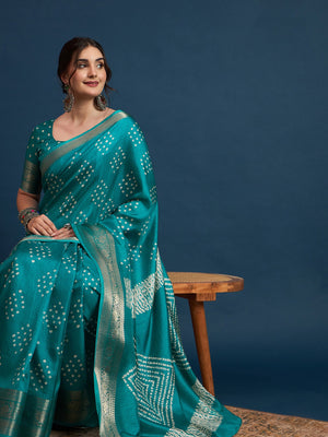 2422 Soft Semi Dola Silk Bandhani Print Saree with Banarasi Border - Teal Blue