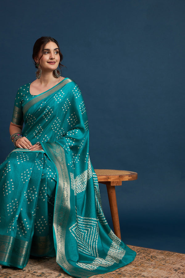 2422 Soft Semi Dola Silk Bandhani Print Saree with Banarasi Border - Teal Blue