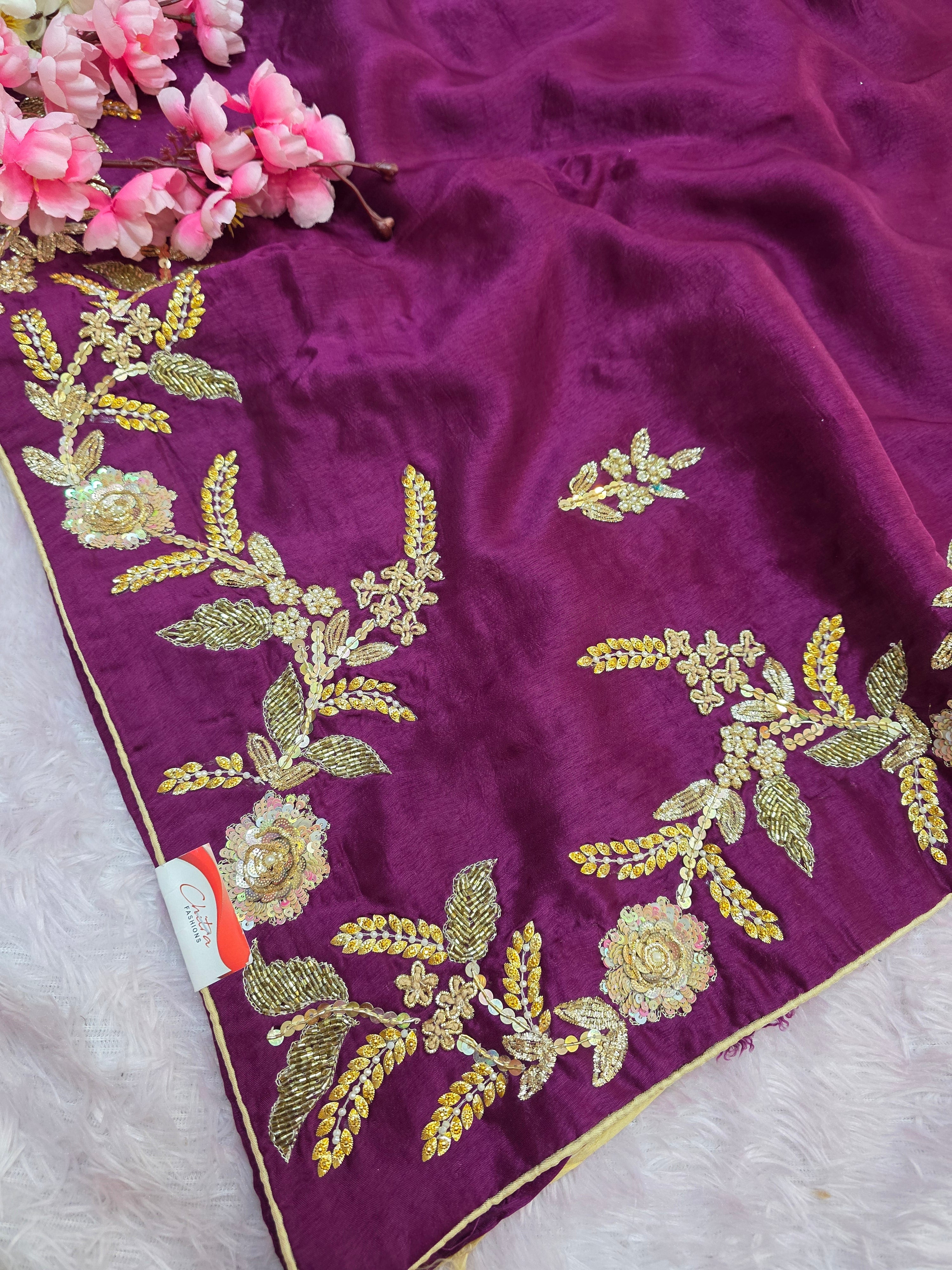 961004 Pure Crepe Silk Beautiful Hand Crafted Designer Premium Wine Saree 5435