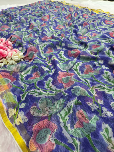 CA1447 Pure Rajasthani Diamond Chiffon Saree with Hand Print purple flower saree