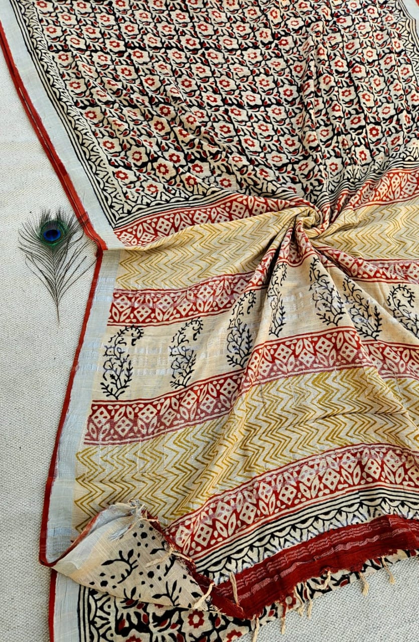 100507 Pure Rajasthani Natural Cotton Linen Hand Printed Saree