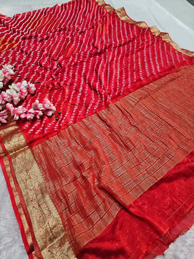 12529 Traditional Hand Bandhani Chinon Silk Soft Saree - Red