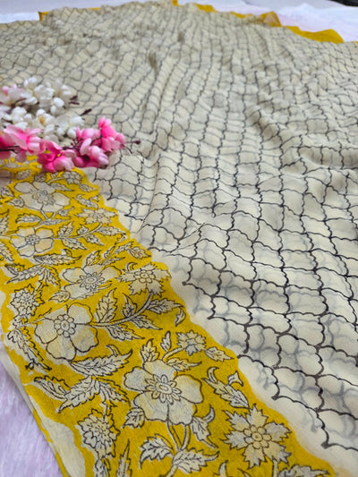 CA1452 Pure Rajasthani Diamond Chiffon Saree with Hand Print yellow beige saree