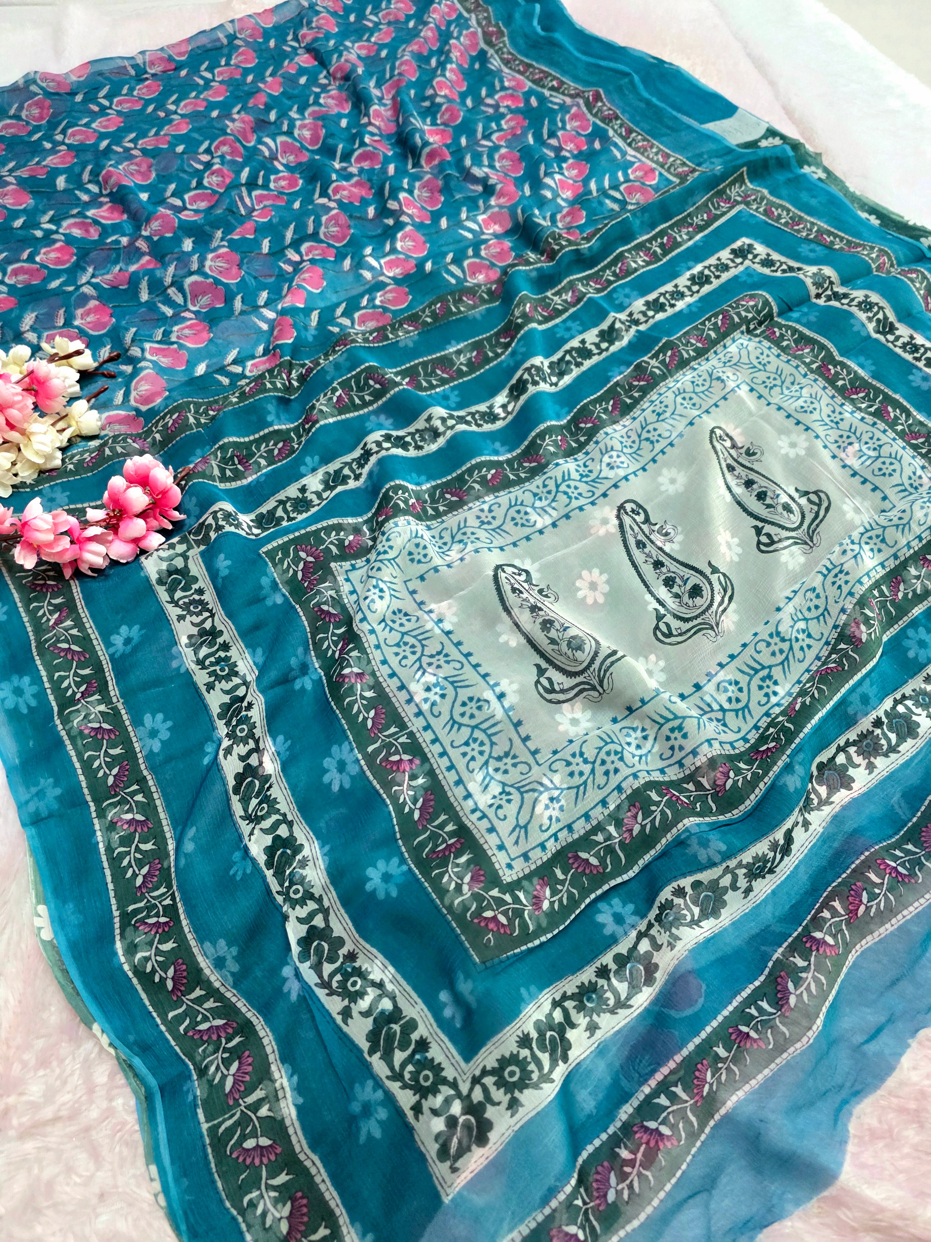 104304 Pure Rajasthani Diamond Chiffon Saree with Hand Ajrakh Print