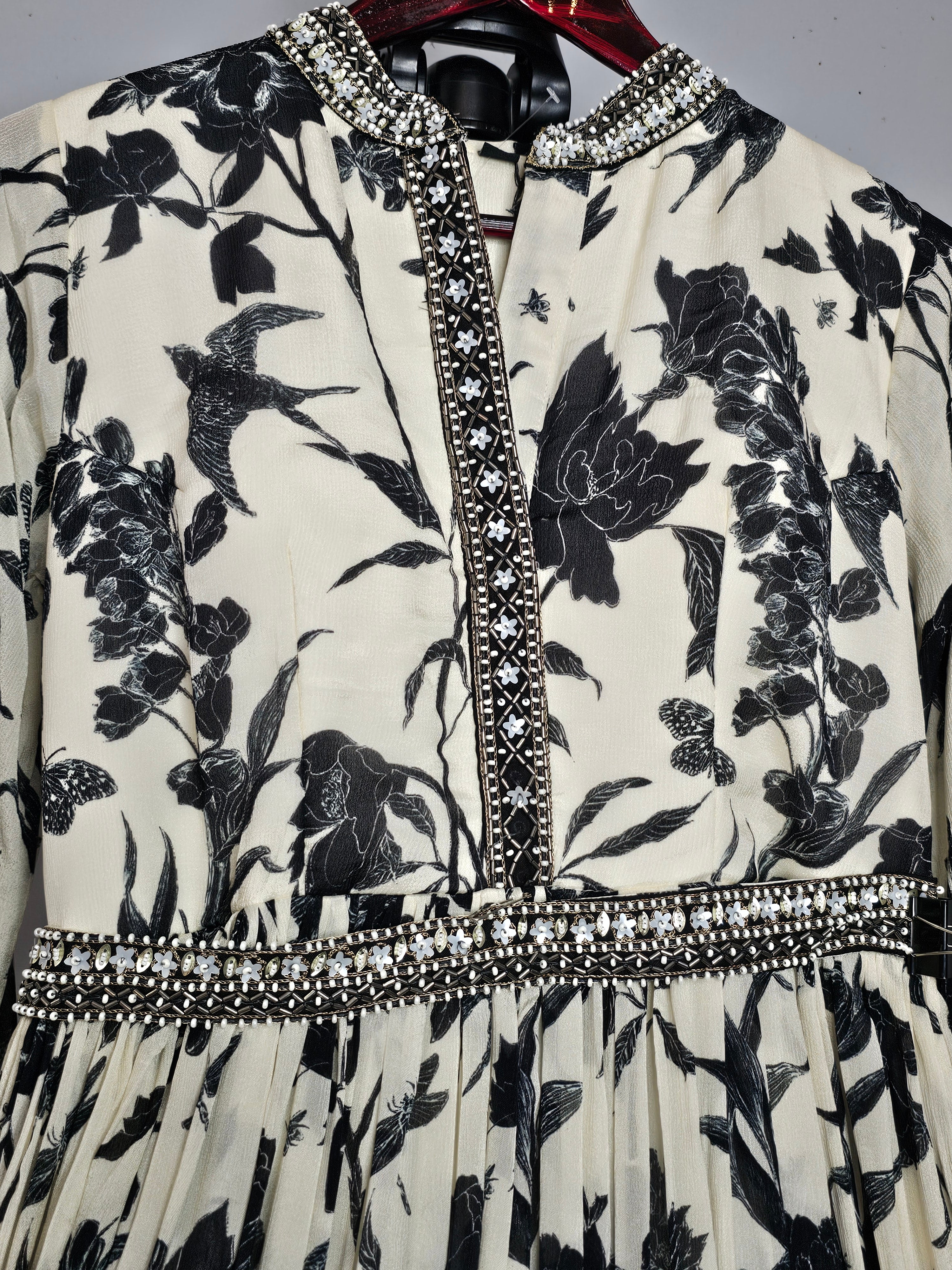 1654 Premium Chinon Silk Printed Gown with Cutdana work on Neck and Heavy Belt