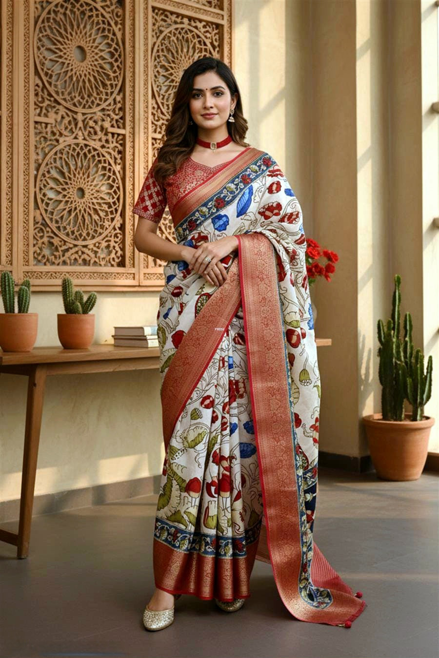 100602 Beautiful Pure Maslin Silk Traditional Print Saree with Zari Weaving Border and Heavy Brocket Blouse