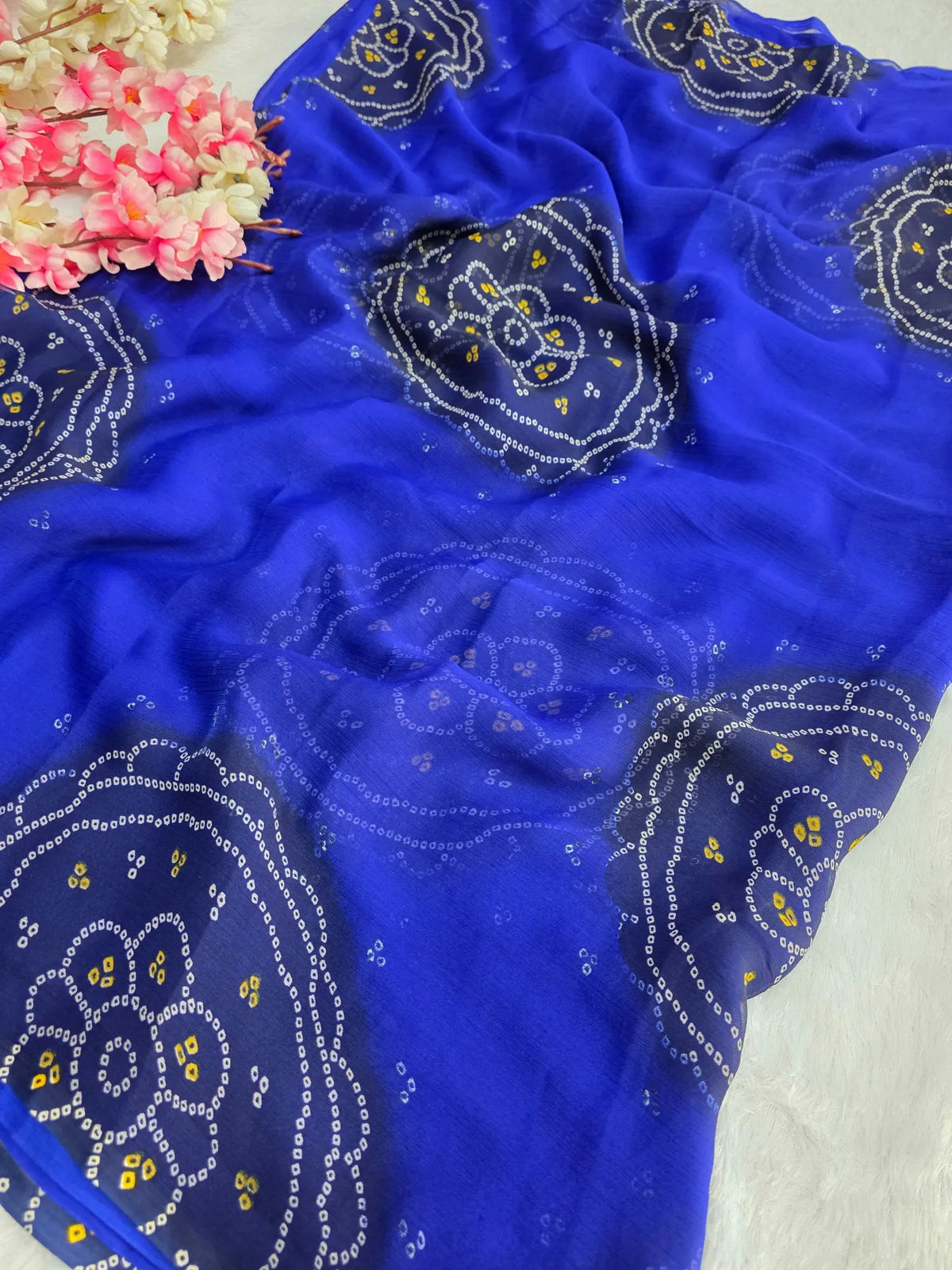 CA1486 Lightweight Elegant Semi Chiffon Bandhani Print Saree - Blue