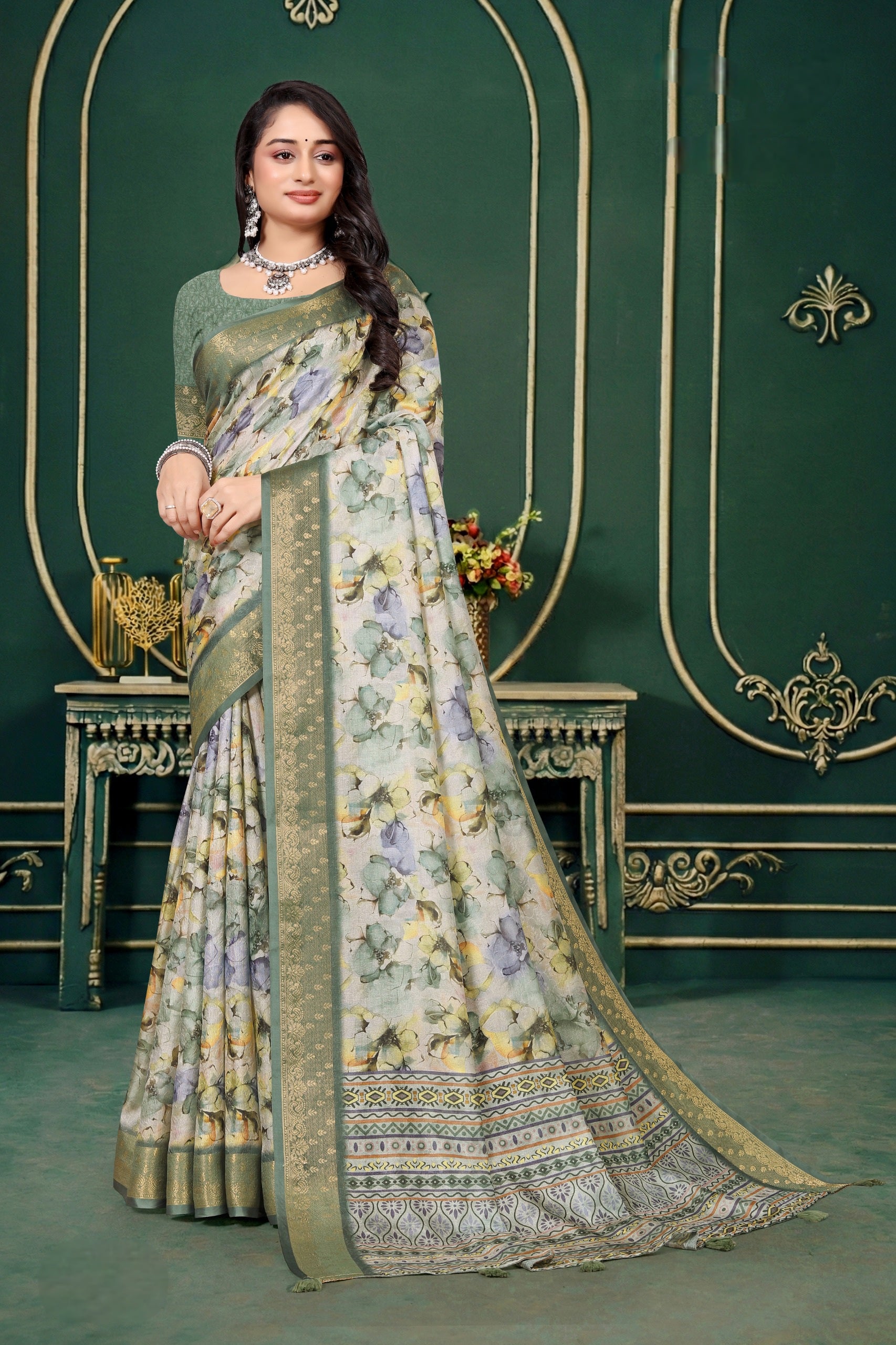 102206 Designer Soft Dola Silk Flower Printed Saree with Zari Weaving Border