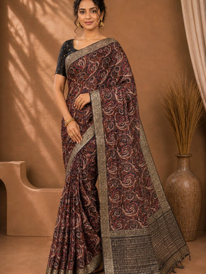 CA0709 chinon silk traditional print black & brown saree