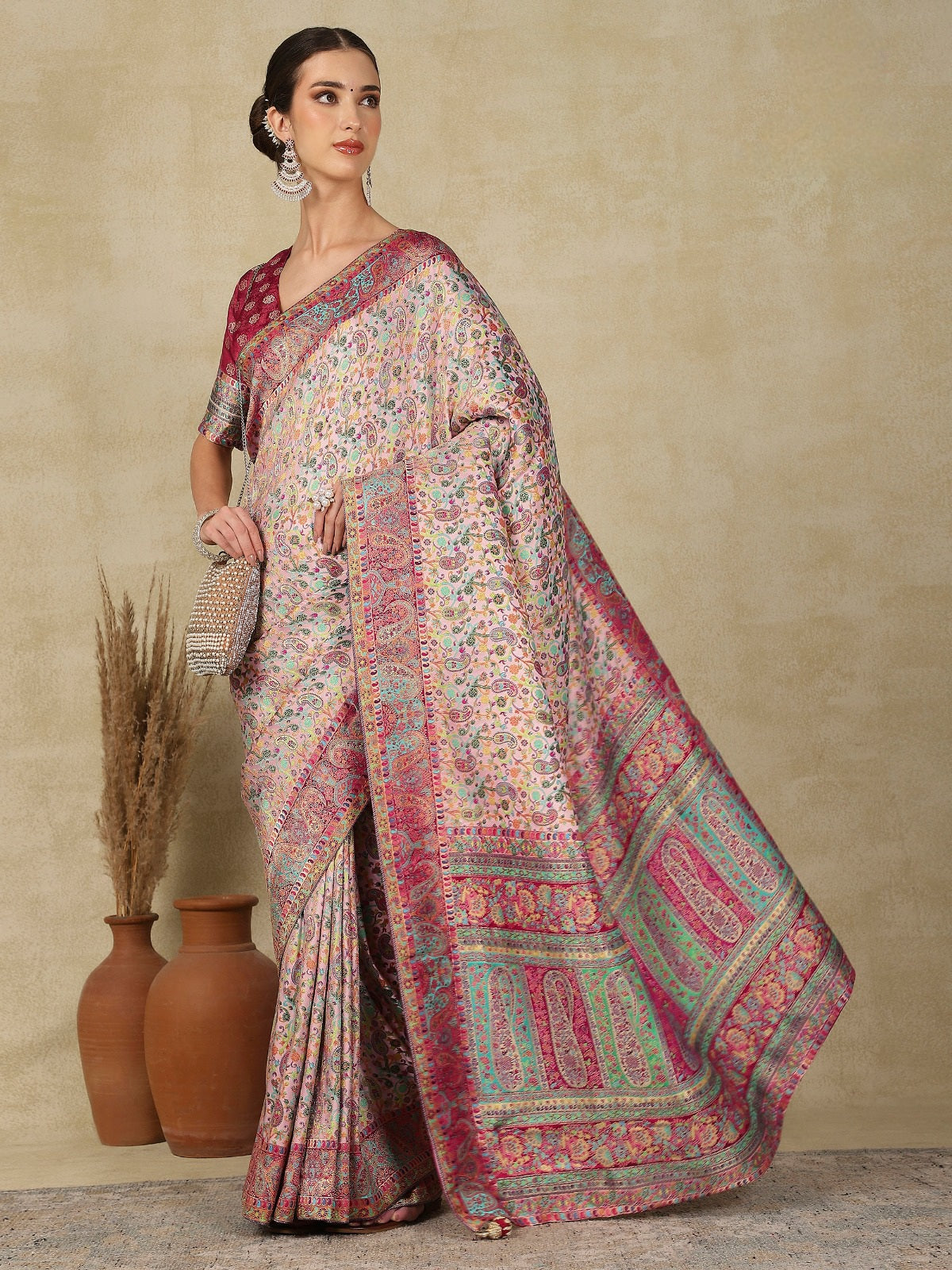 938003 Royal Kashmiri Pashmina Silk Pink Saree with Heavy Blouse
