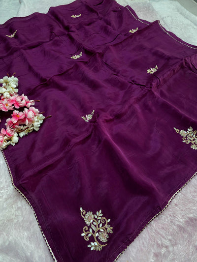 12459 Designer Pure Upada Silk Traditional Rajasthani Saree with Gota Patti Work - Purple