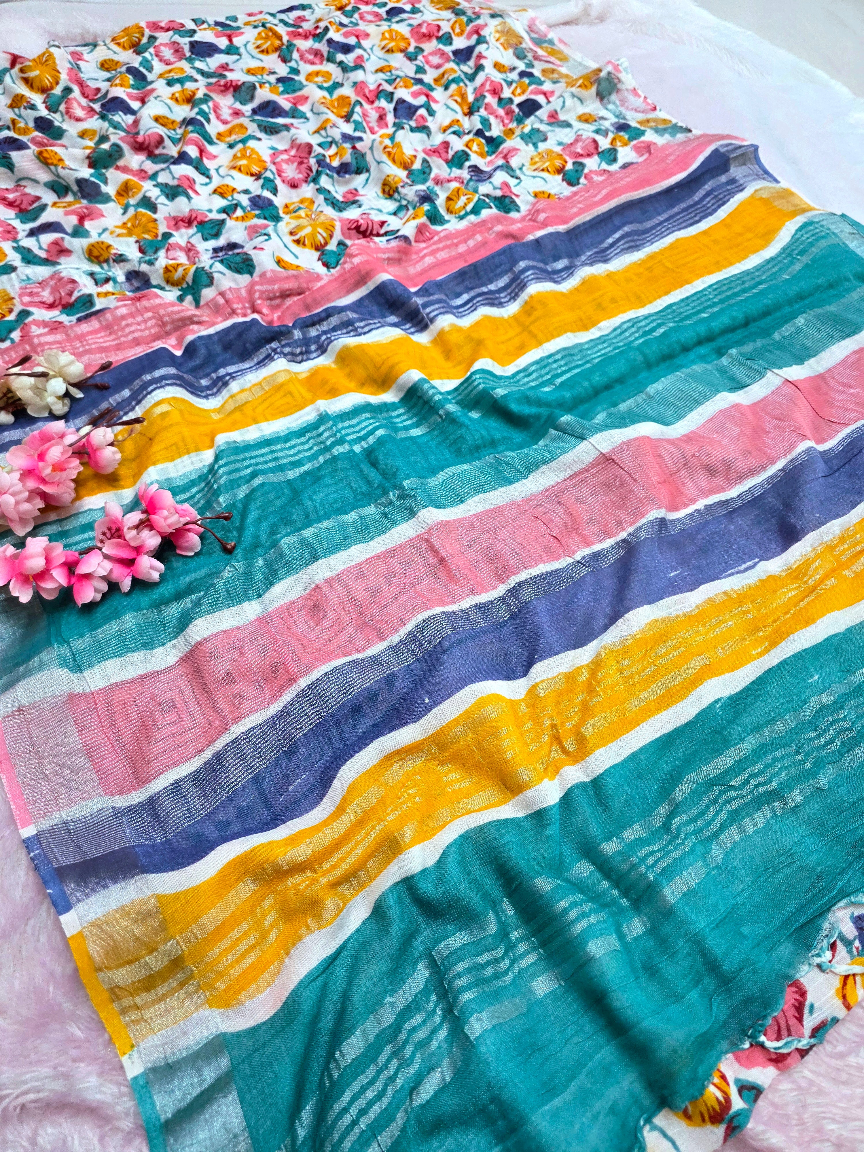 100505 Pure Rajasthani Natural Cotton Linen Hand Printed Saree