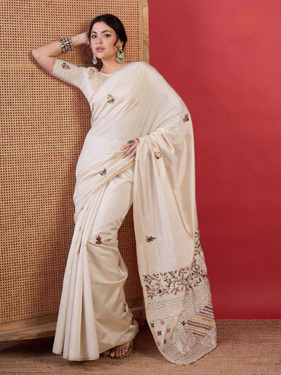 995001 Beautiful Semi Tussar Silk Hand Made Premium Suta Embroidery Saree