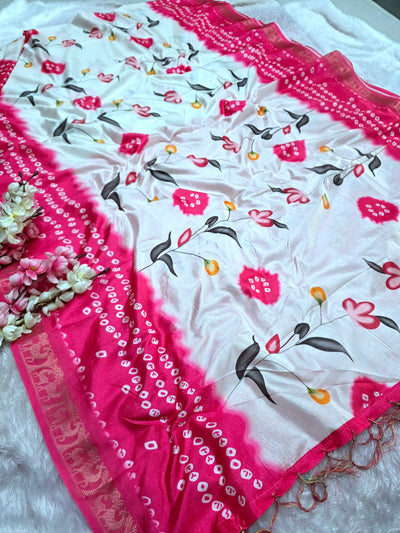 992003 Exclusive Bandhani with Flower Print Dola Silk Saree with Zari Weaving Border