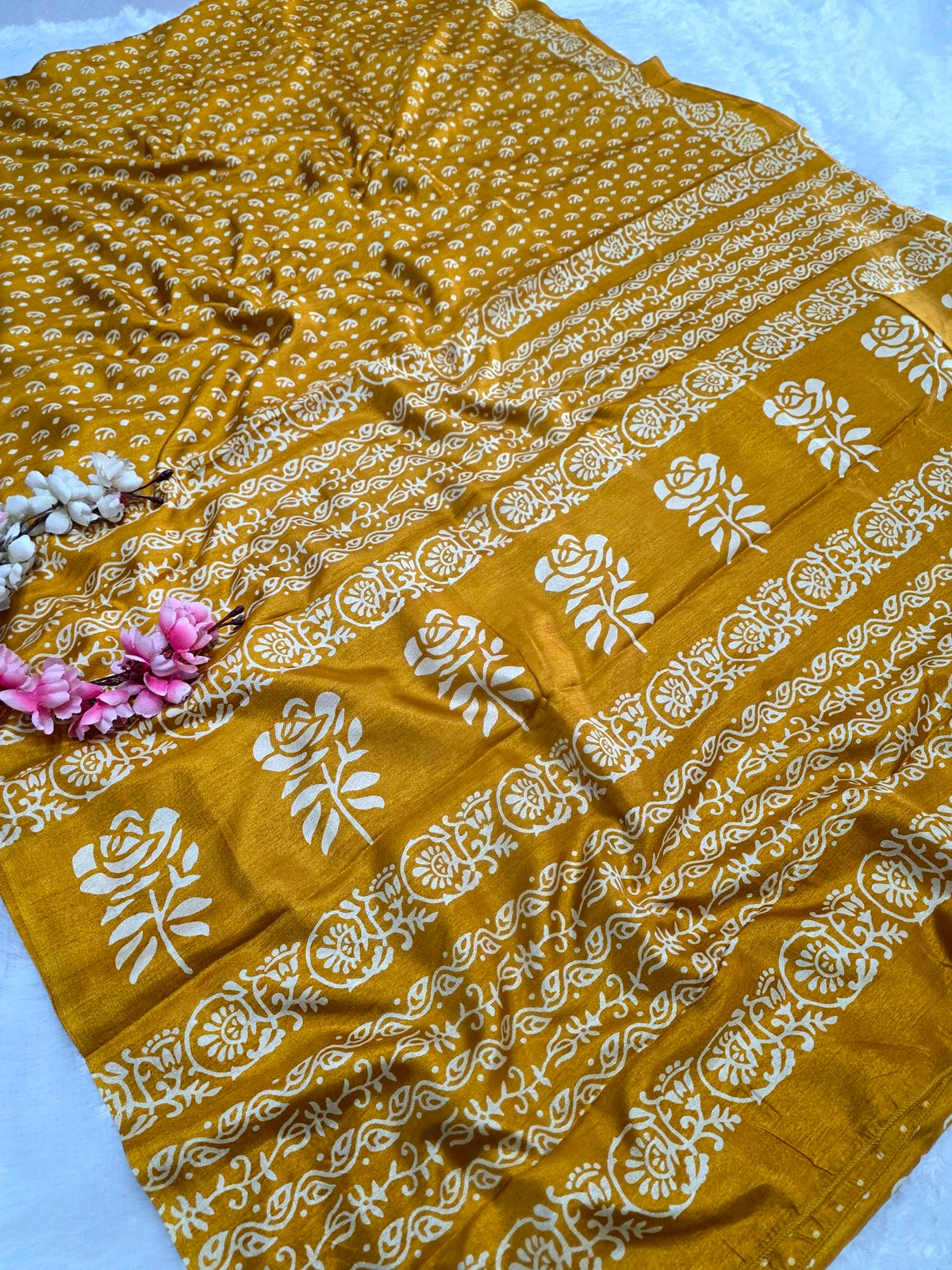 DS149 Semi Dola Silk Block Print Saree - Yellow