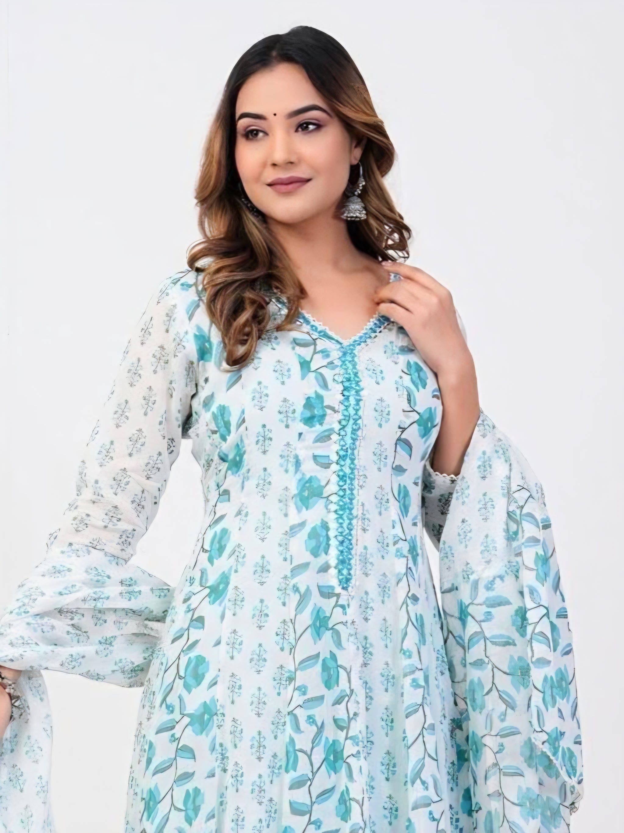 12231 Pure Malmal Cotton Anarkali Kurti With Dupatta and Pant - Sky Blue