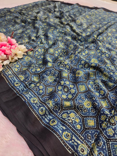 CA0737 Pure Modal Silk Ajrakh Natural Dye Saree Blue- Green