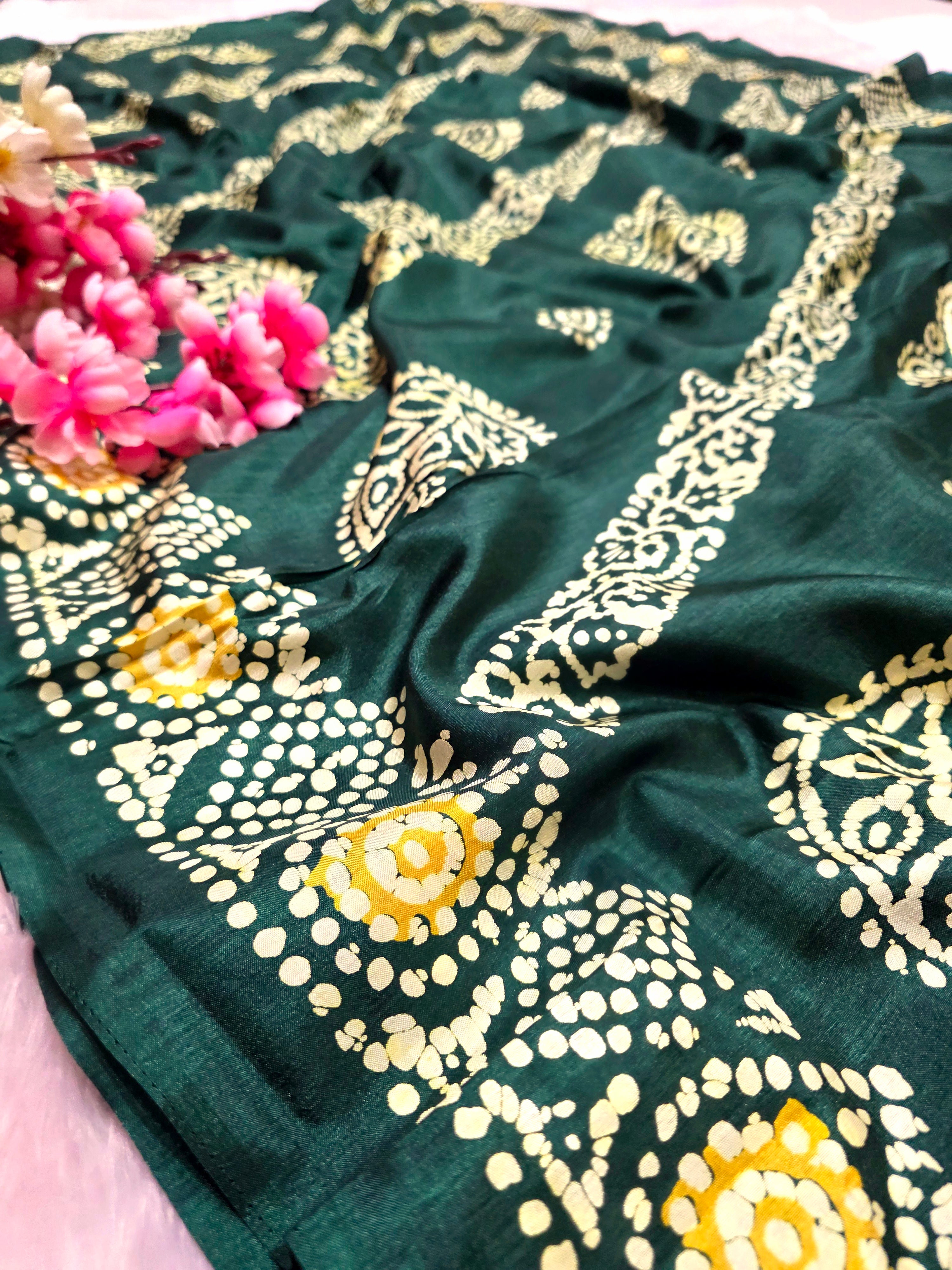 911005 Very Soft and Premium Looking Semi Dola Silk Batik Print Saree - Green