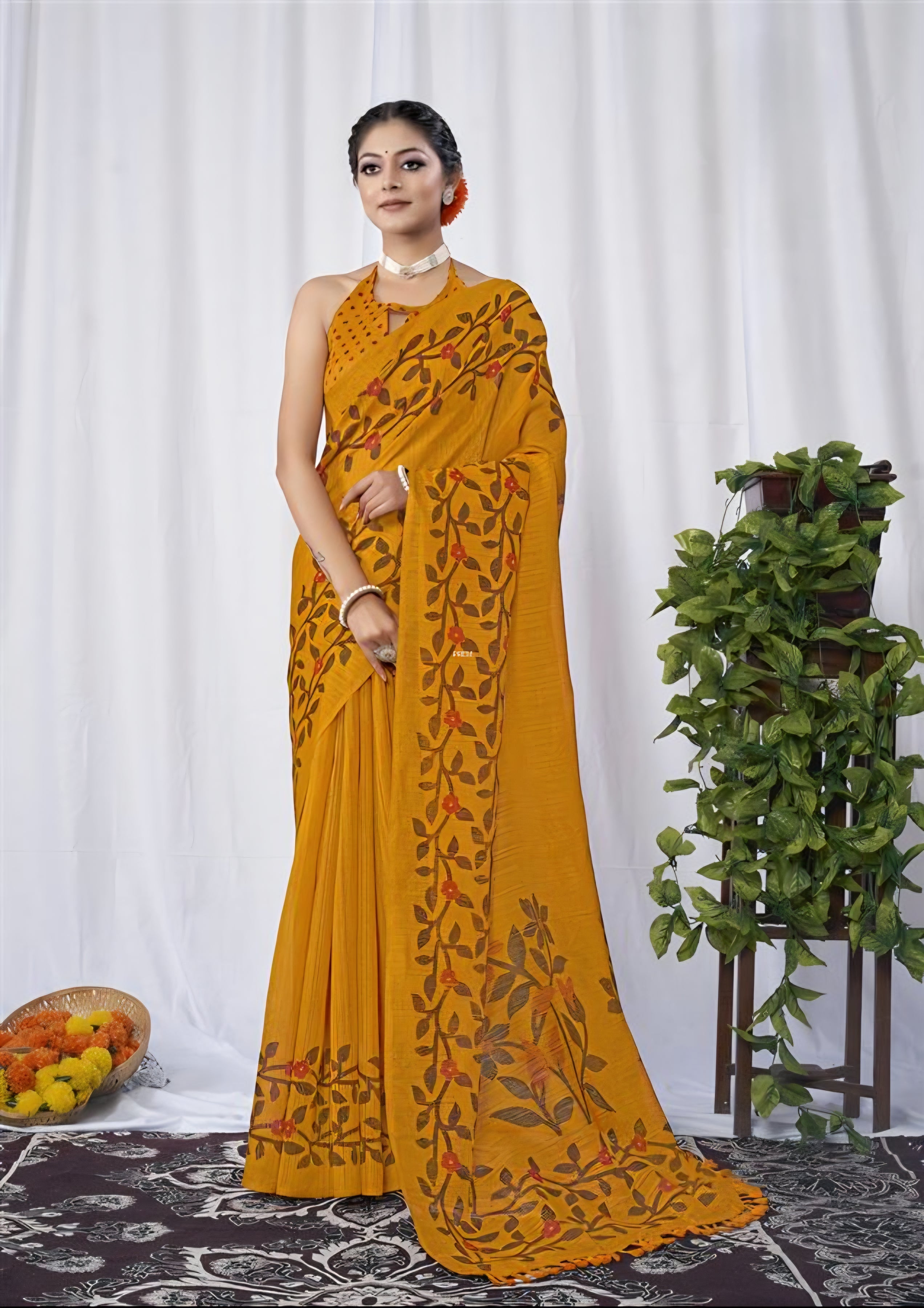 974001 Soft And Very Light Weight Jute Silk Flower Print Saree - Mustered