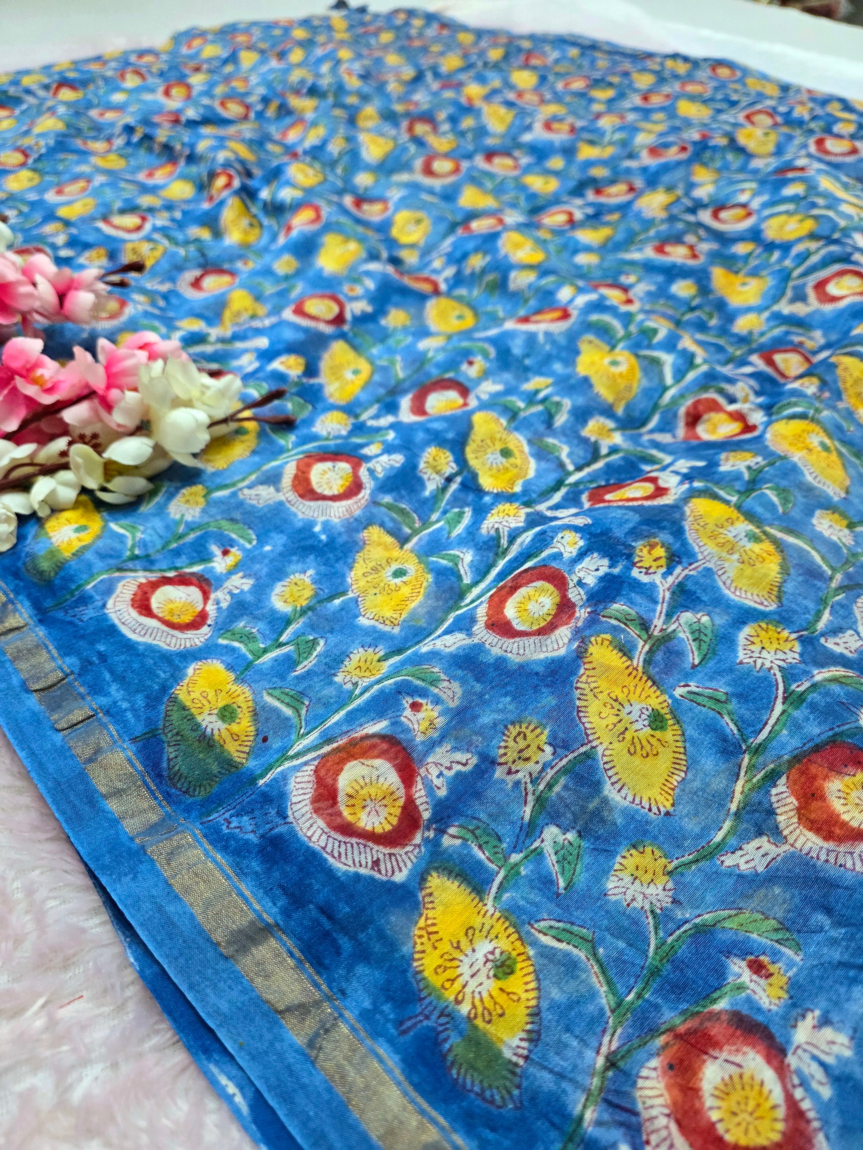 12583 Pure Chanderi Cotton Silk Handblocked Printed Natural Dye Saree