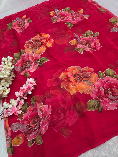 991004 Lightweight Elegant Semi Chiffon Flower Print Saree with Zari Print - Rani